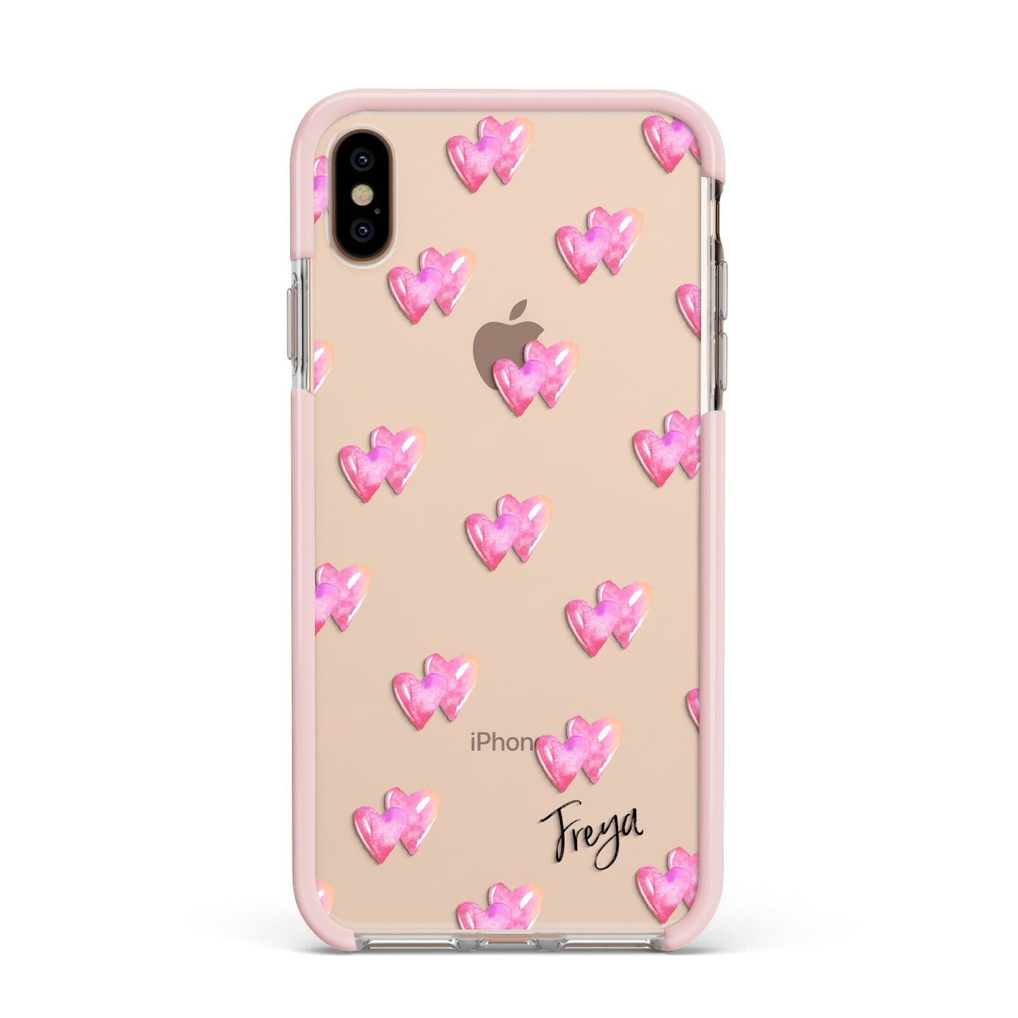 Personalised Pink Hearts Apple iPhone Xs Max Impact Case Pink Edge on Gold Phone