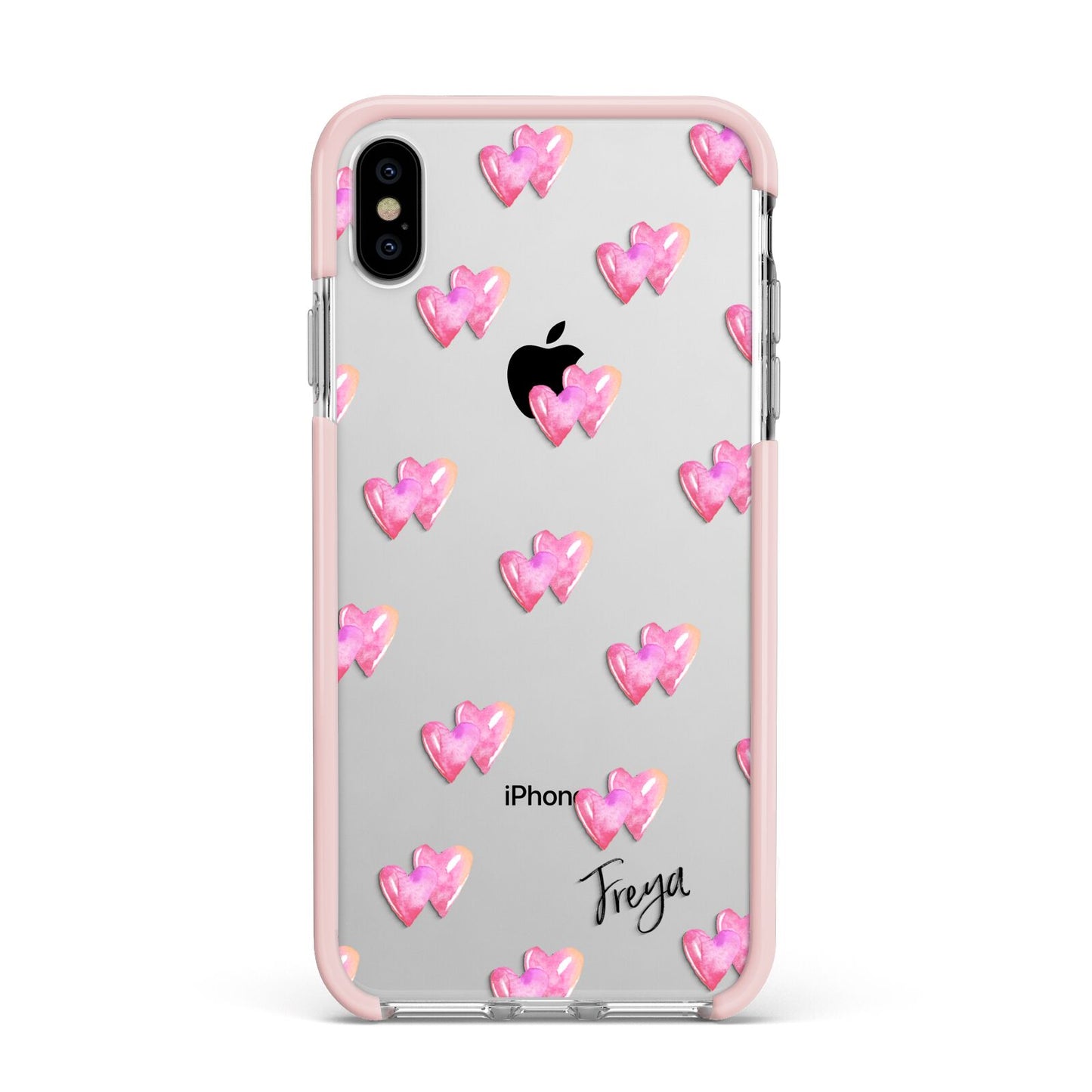 Personalised Pink Hearts Apple iPhone Xs Max Impact Case Pink Edge on Silver Phone