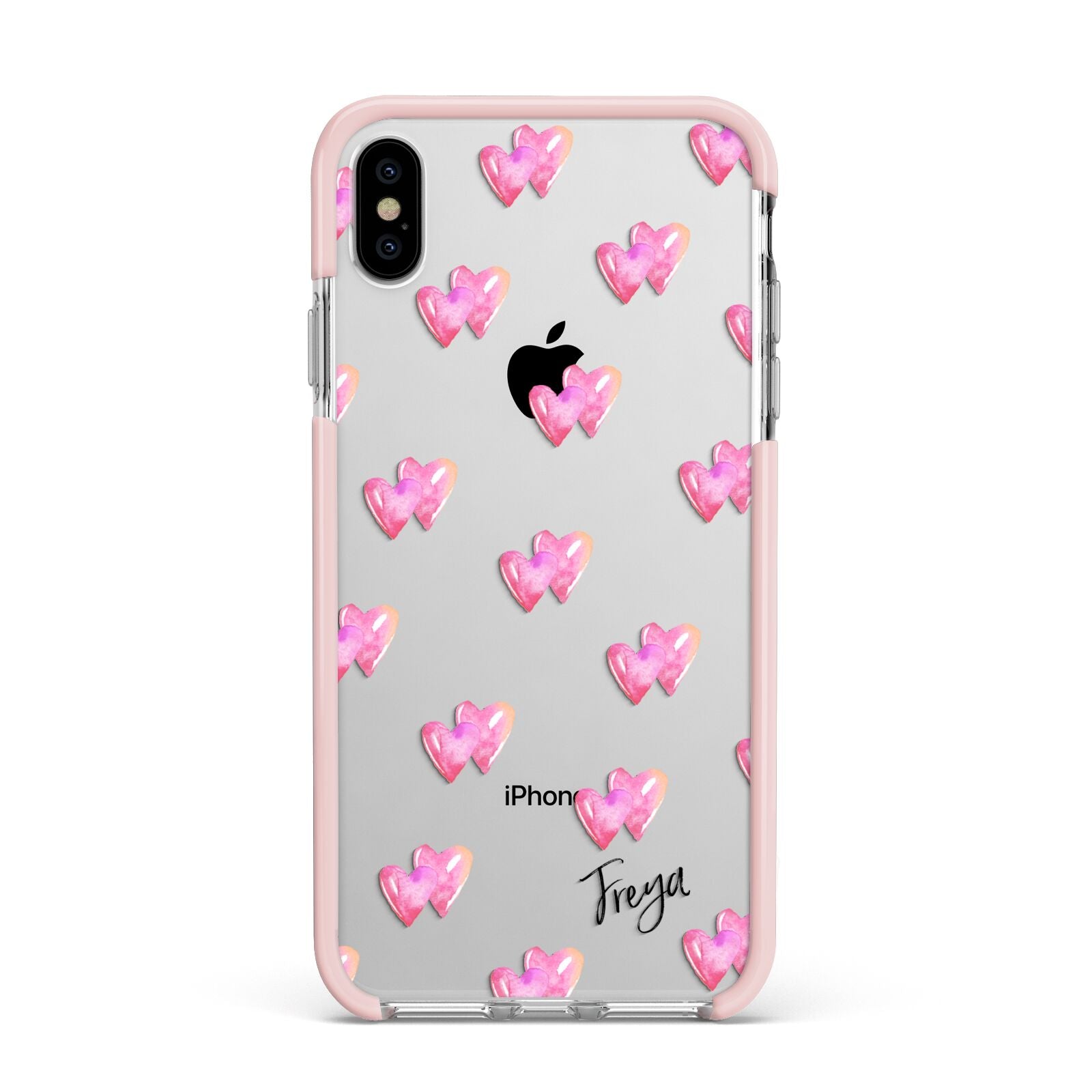 Personalised Pink Hearts Apple iPhone Xs Max Impact Case Pink Edge on Silver Phone