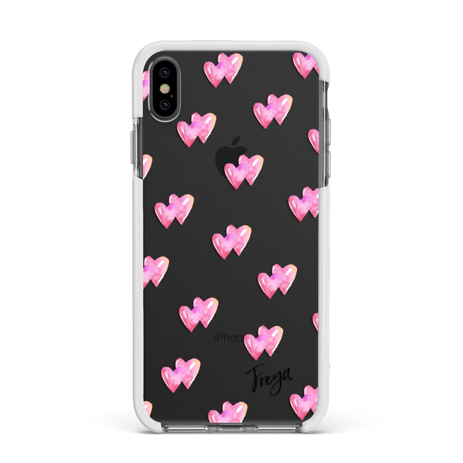 Personalised Pink Hearts Apple iPhone Xs Max Impact Case White Edge on Black Phone