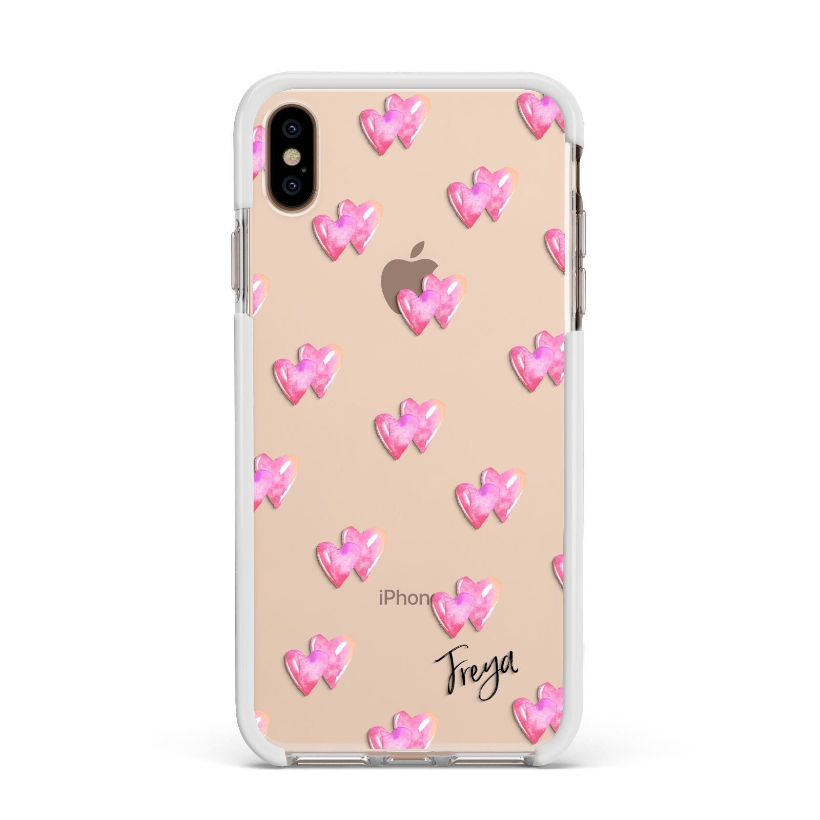 Personalised Pink Hearts Apple iPhone Xs Max Impact Case White Edge on Gold Phone