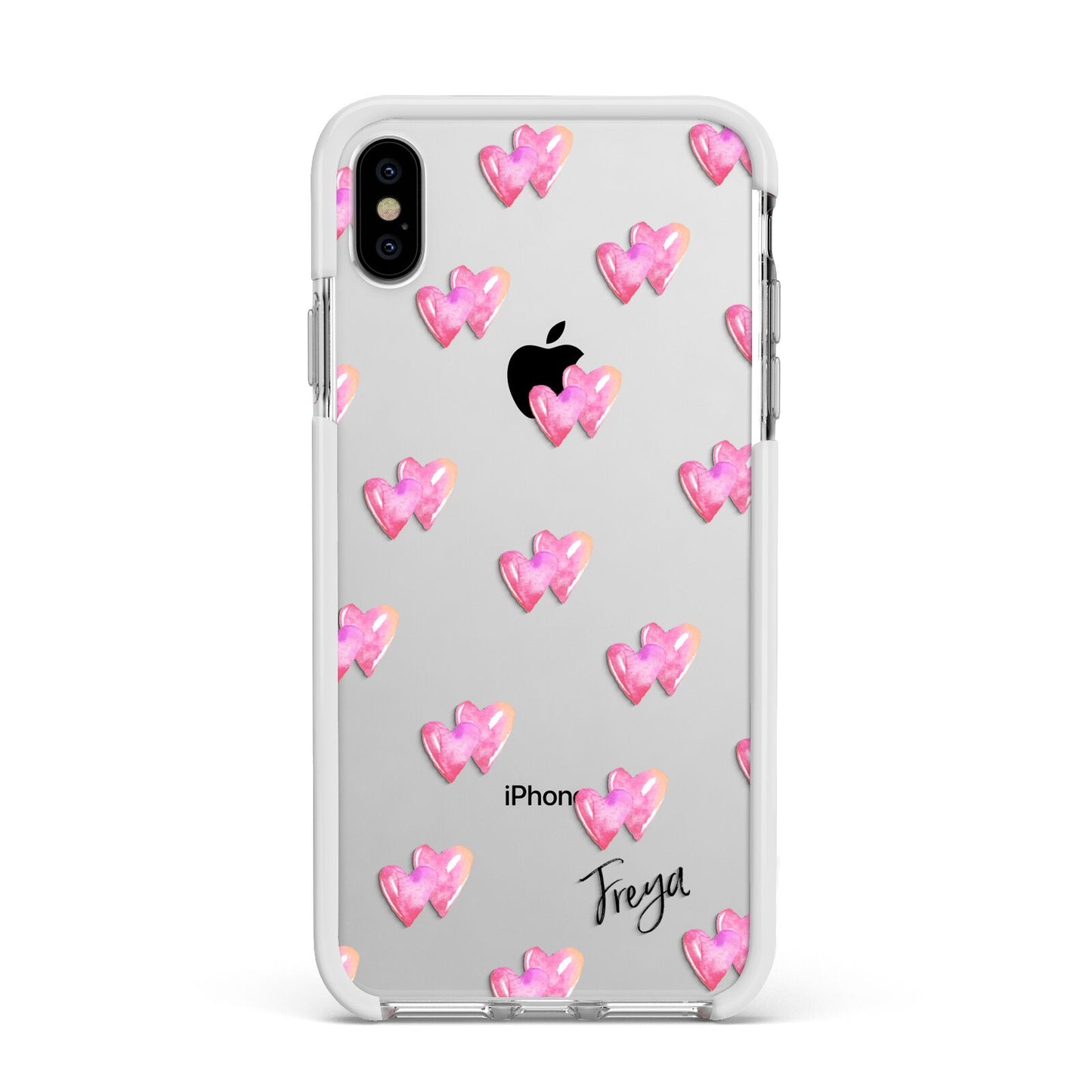 Personalised Pink Hearts Apple iPhone Xs Max Impact Case White Edge on Silver Phone