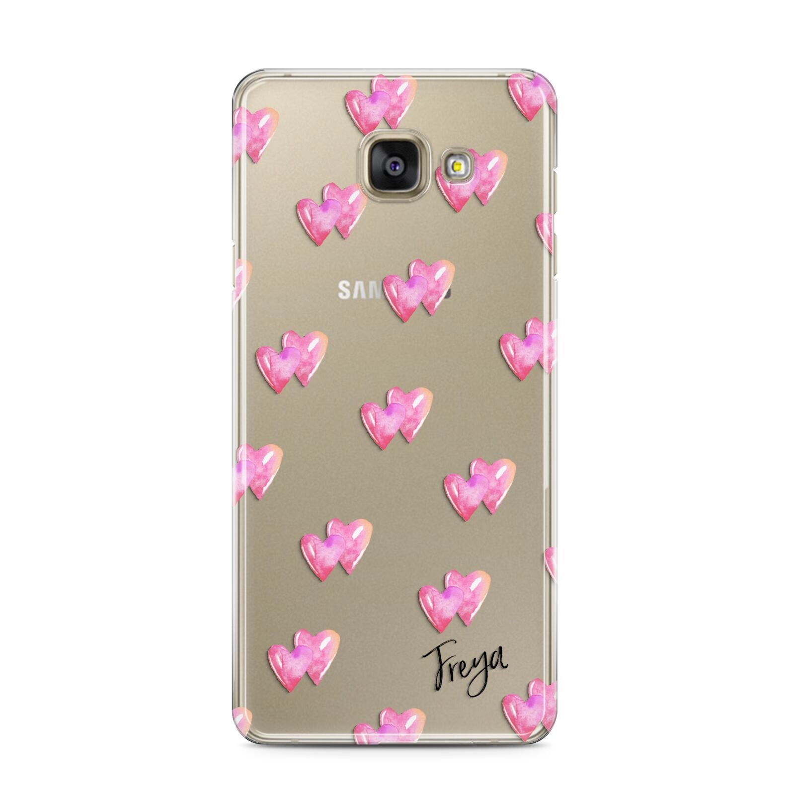 Personalised Pink Hearts Samsung Galaxy A3 2016 Case on gold phone