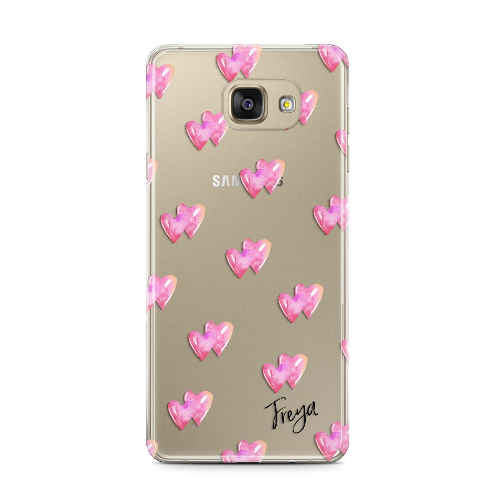 Personalised Pink Hearts Samsung Galaxy A7 2016 Case on gold phone