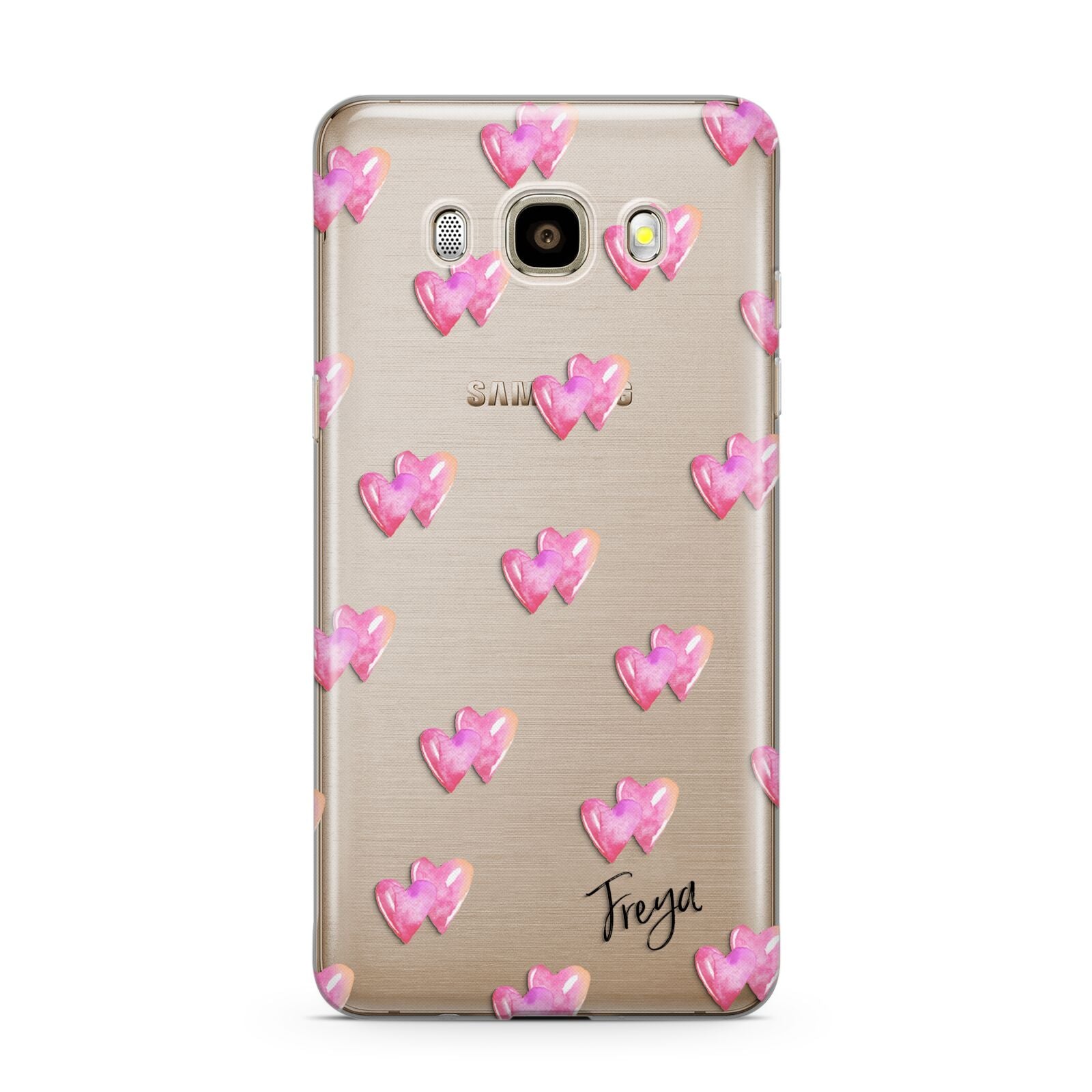 Personalised Pink Hearts Samsung Galaxy J7 2016 Case on gold phone