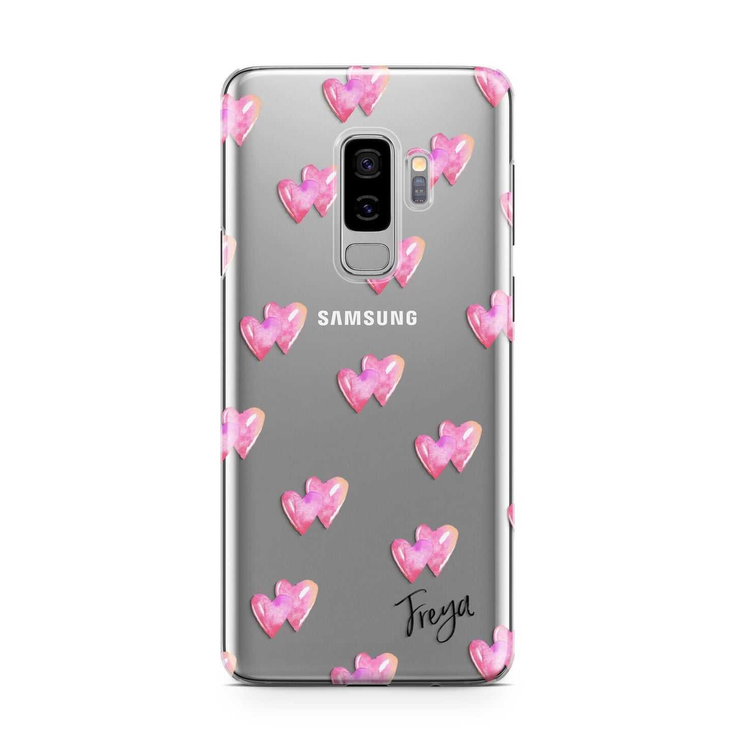 Personalised Pink Hearts Samsung Galaxy S9 Plus Case on Silver phone