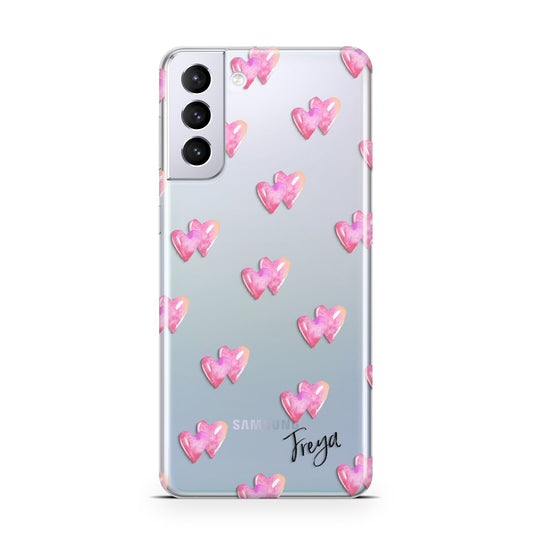 Personalised Pink Hearts Samsung S21 Plus Phone Case