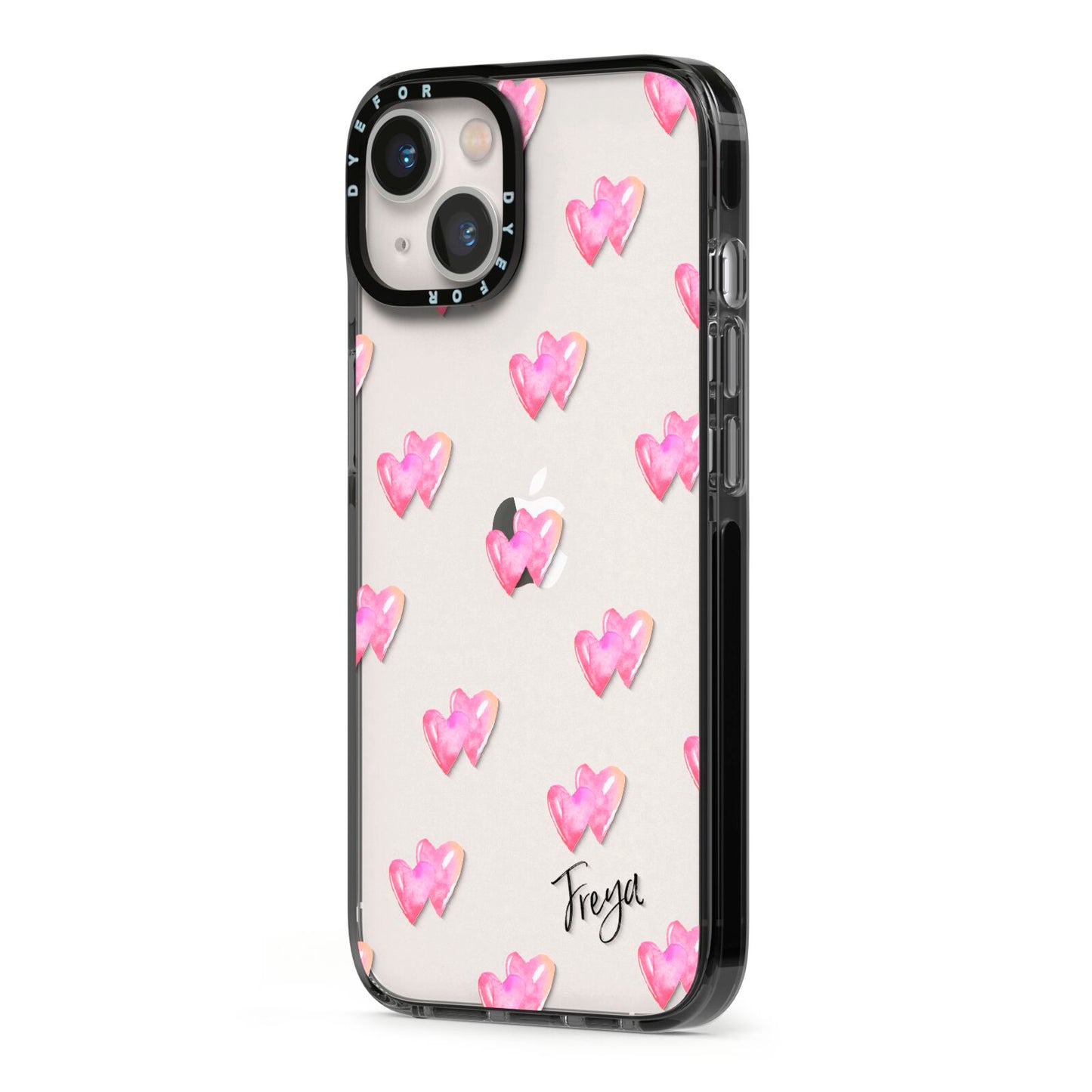 Personalised Pink Hearts iPhone 13 Black Impact Case Side Angle on Silver phone