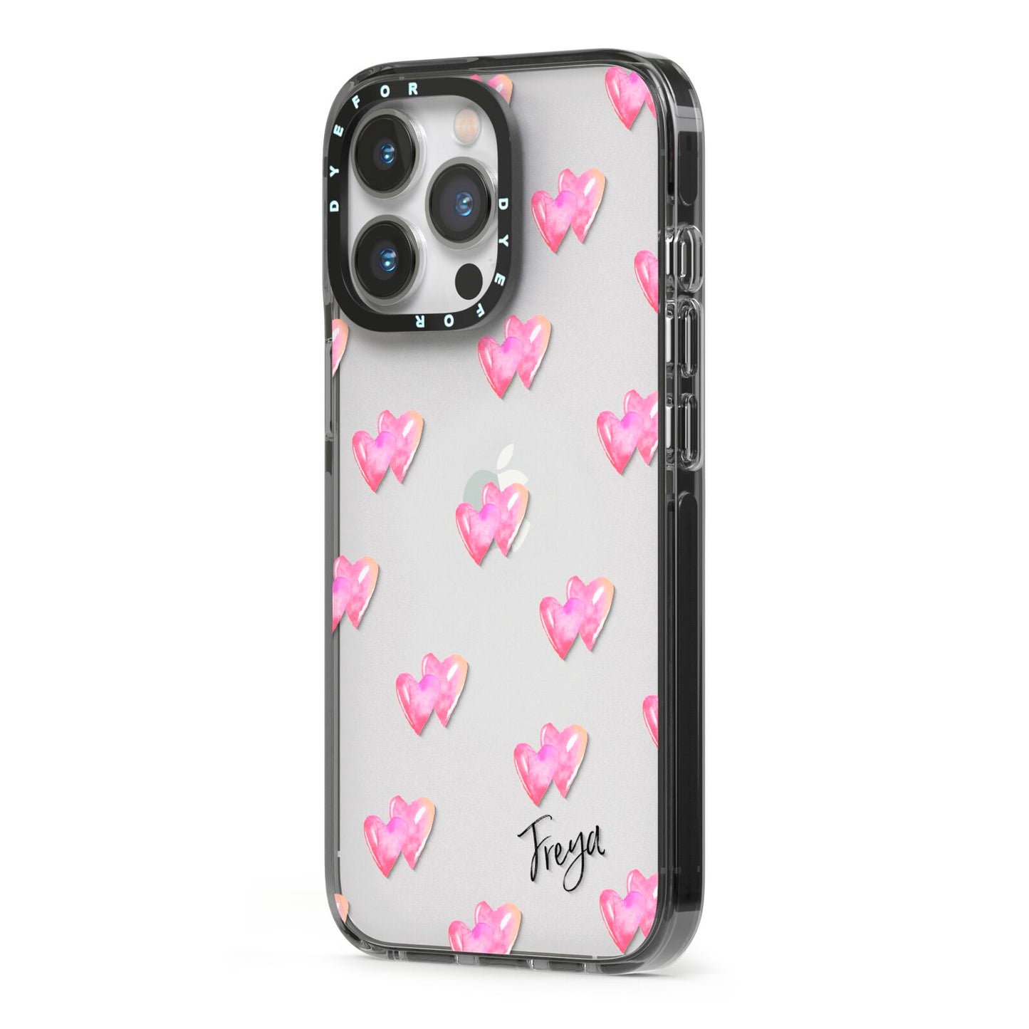 Personalised Pink Hearts iPhone 13 Pro Black Impact Case Side Angle on Silver phone