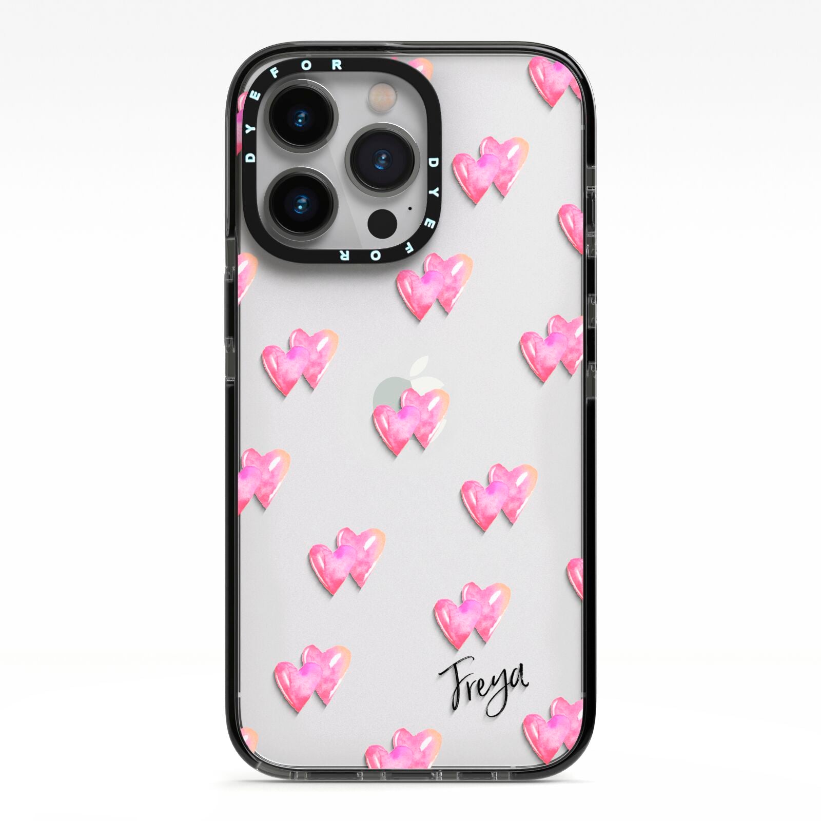 Personalised Pink Hearts iPhone 13 Pro Black Impact Case on Silver phone