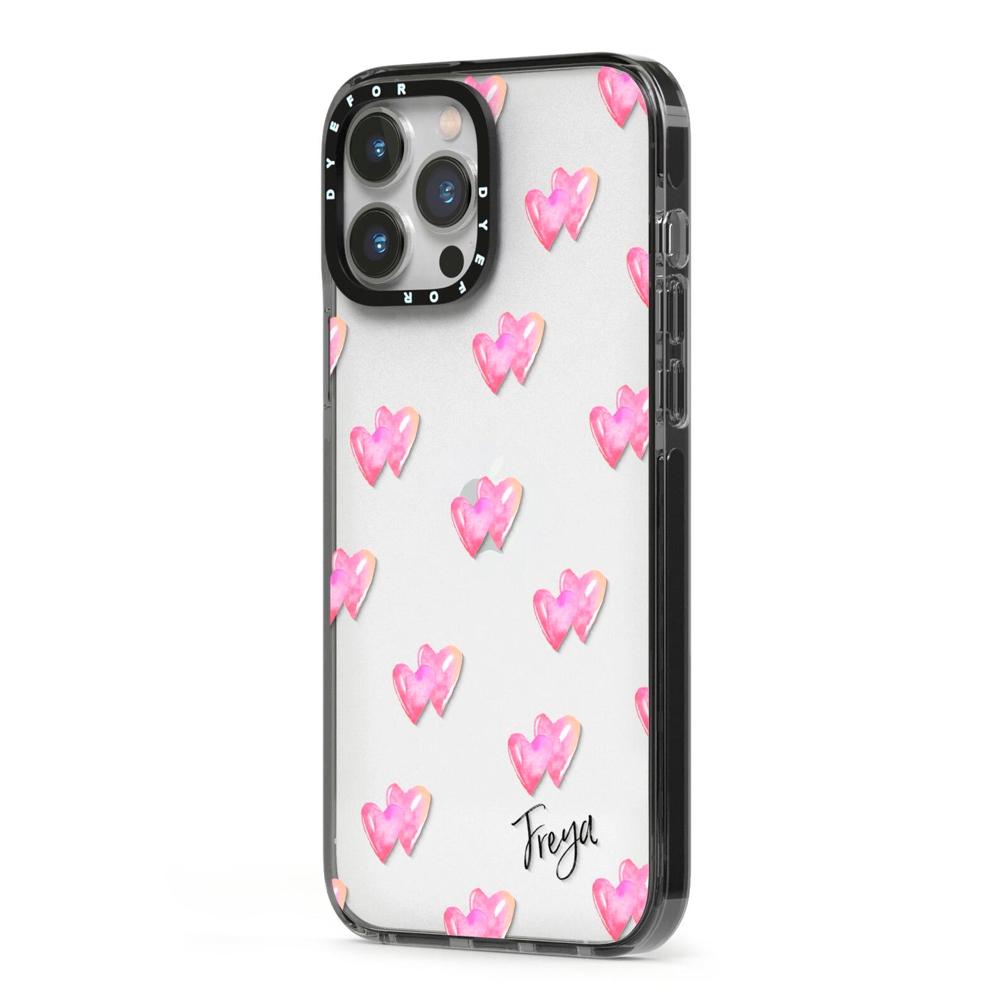 Personalised Pink Hearts iPhone 13 Pro Max Black Impact Case Side Angle on Silver phone