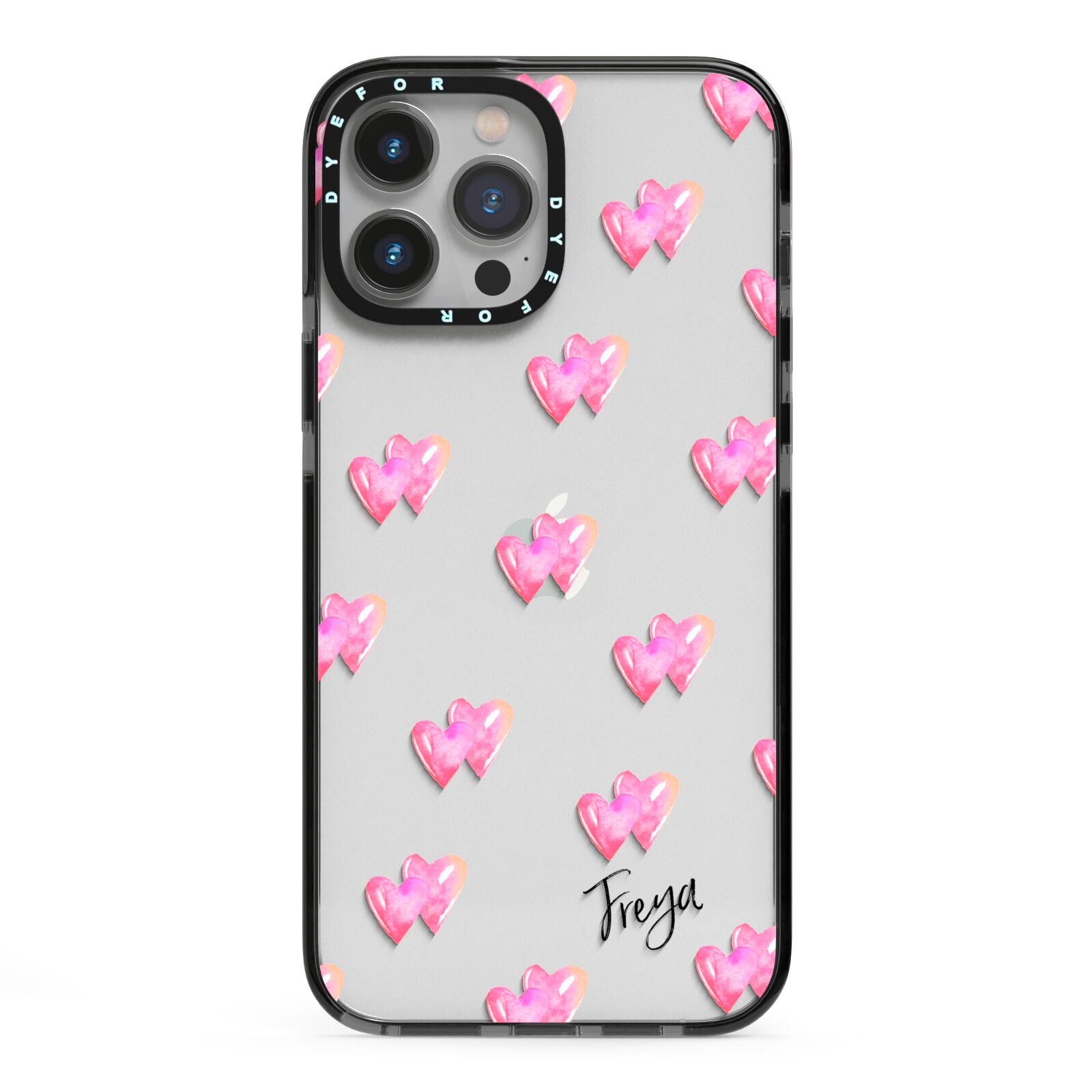 Personalised Pink Hearts iPhone 13 Pro Max Black Impact Case on Silver phone