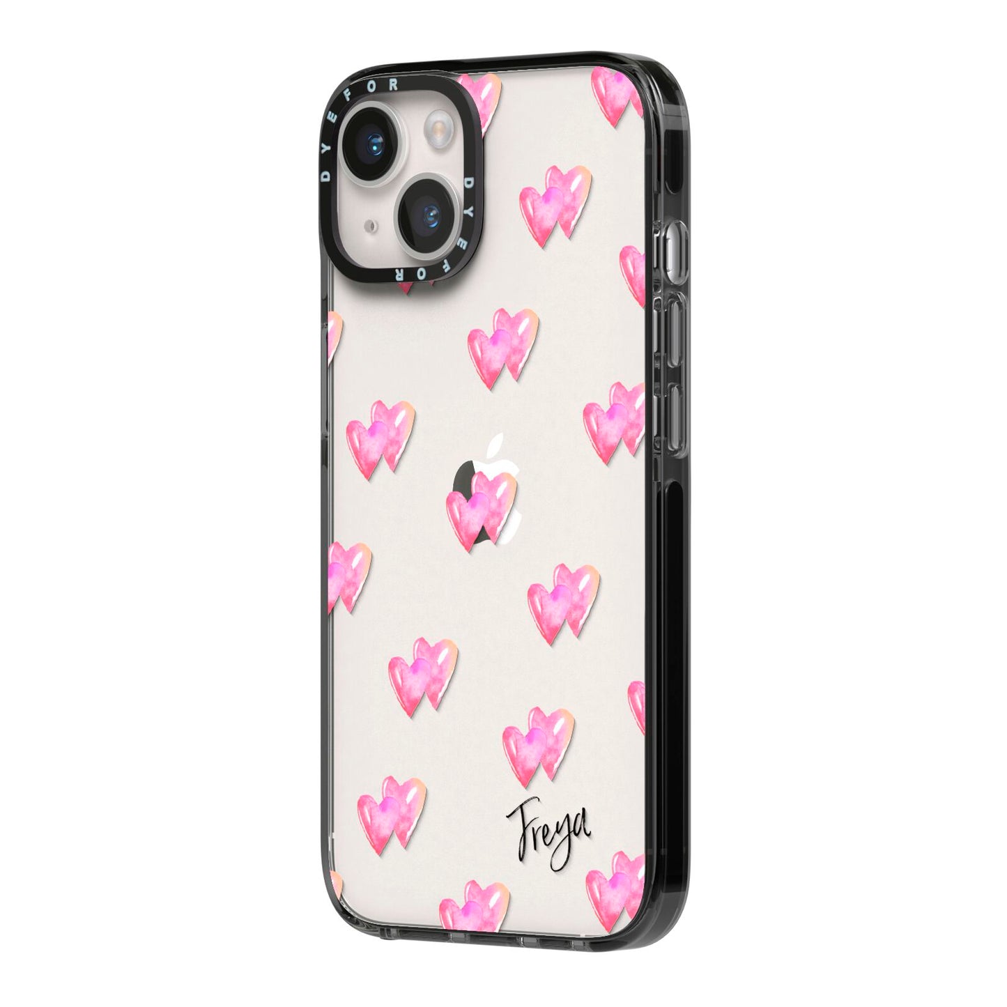 Personalised Pink Hearts iPhone 14 Black Impact Case Side Angle on Silver phone