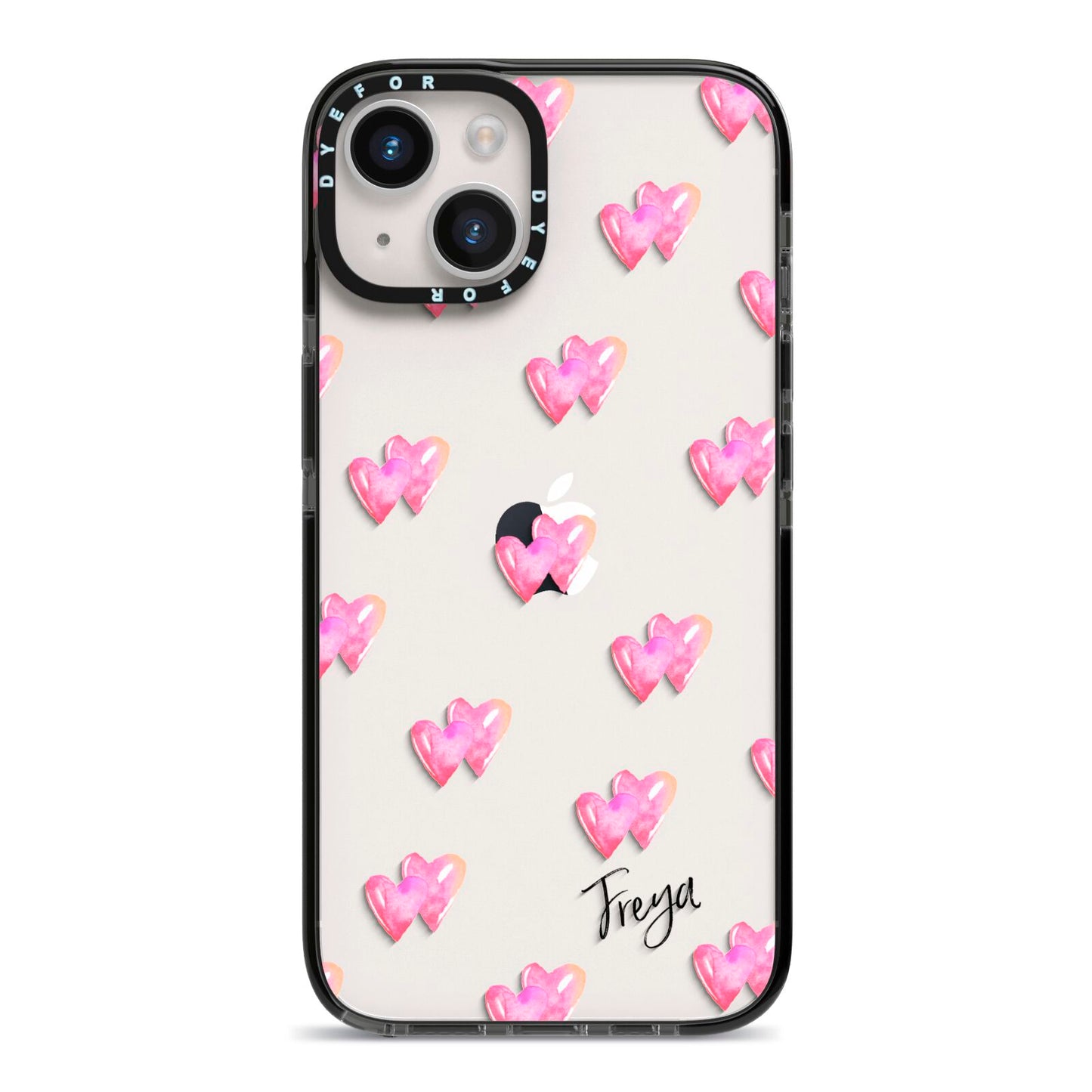 Personalised Pink Hearts iPhone 14 Black Impact Case on Silver phone