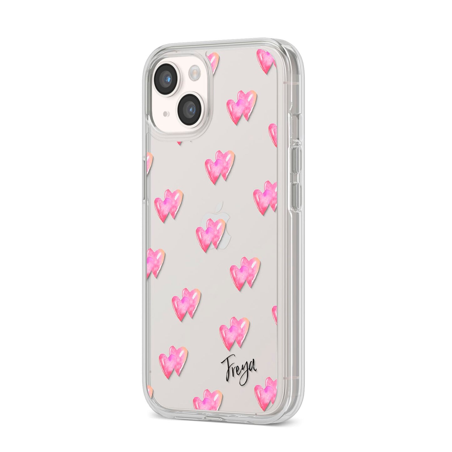 Personalised Pink Hearts iPhone 14 Clear Tough Case Starlight Angled Image