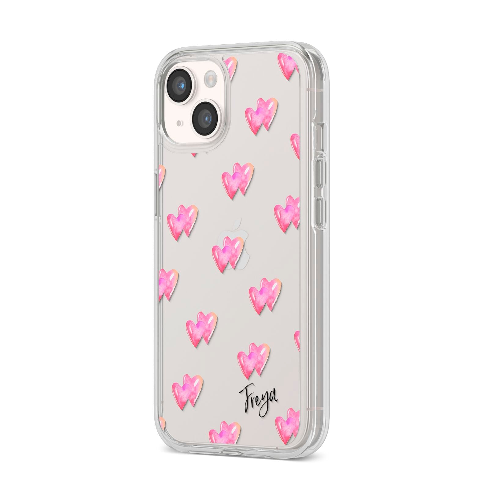 Personalised Pink Hearts iPhone 14 Clear Tough Case Starlight Angled Image