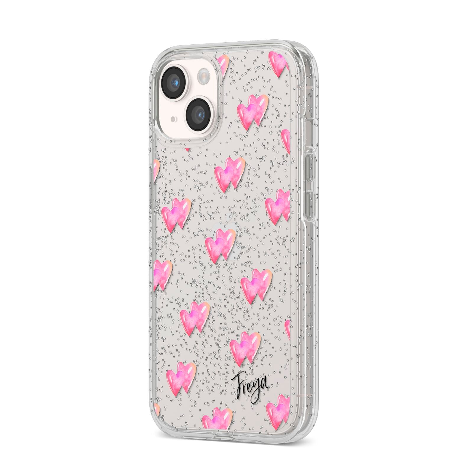 Personalised Pink Hearts iPhone 14 Glitter Tough Case Starlight Angled Image