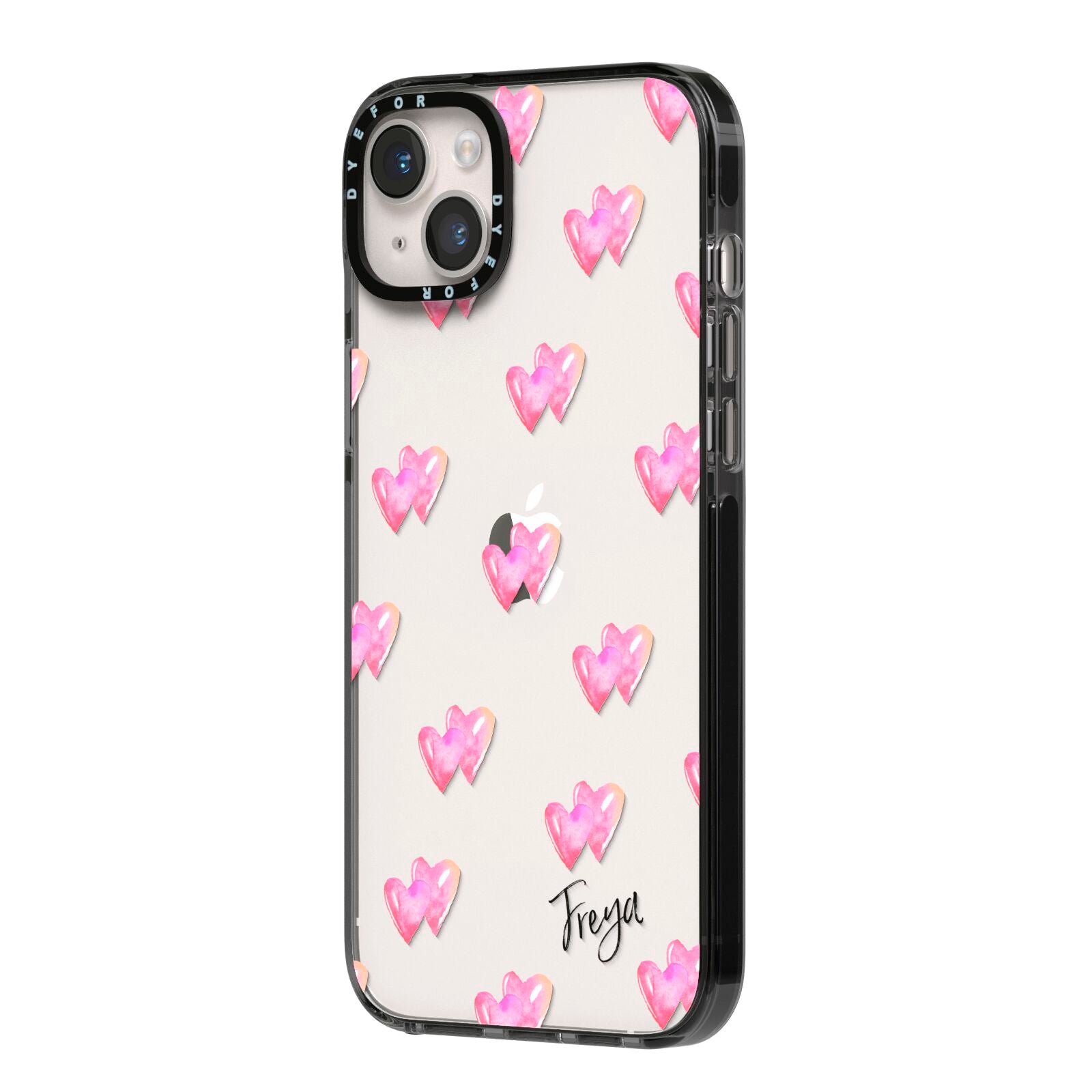 Personalised Pink Hearts iPhone 14 Plus Black Impact Case Side Angle on Silver phone