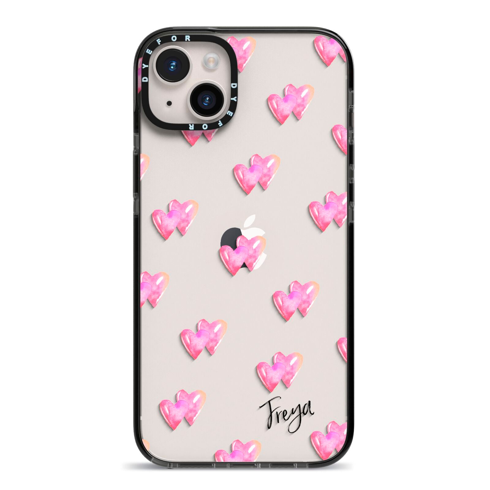 Personalised Pink Hearts iPhone 14 Plus Black Impact Case on Silver phone