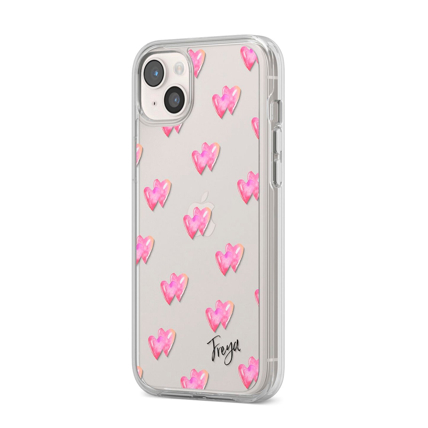 Personalised Pink Hearts iPhone 14 Plus Clear Tough Case Starlight Angled Image