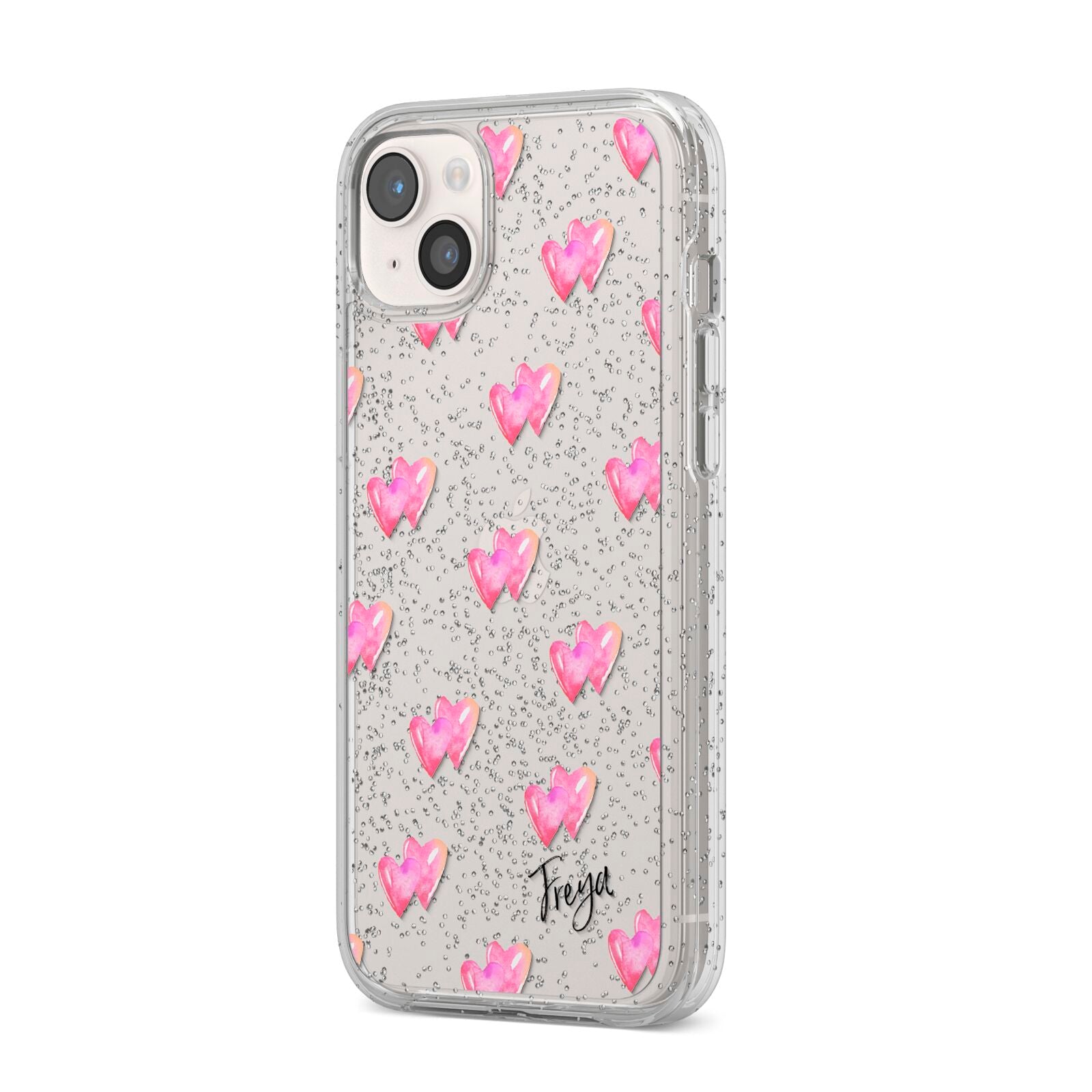 Personalised Pink Hearts iPhone 14 Plus Glitter Tough Case Starlight Angled Image