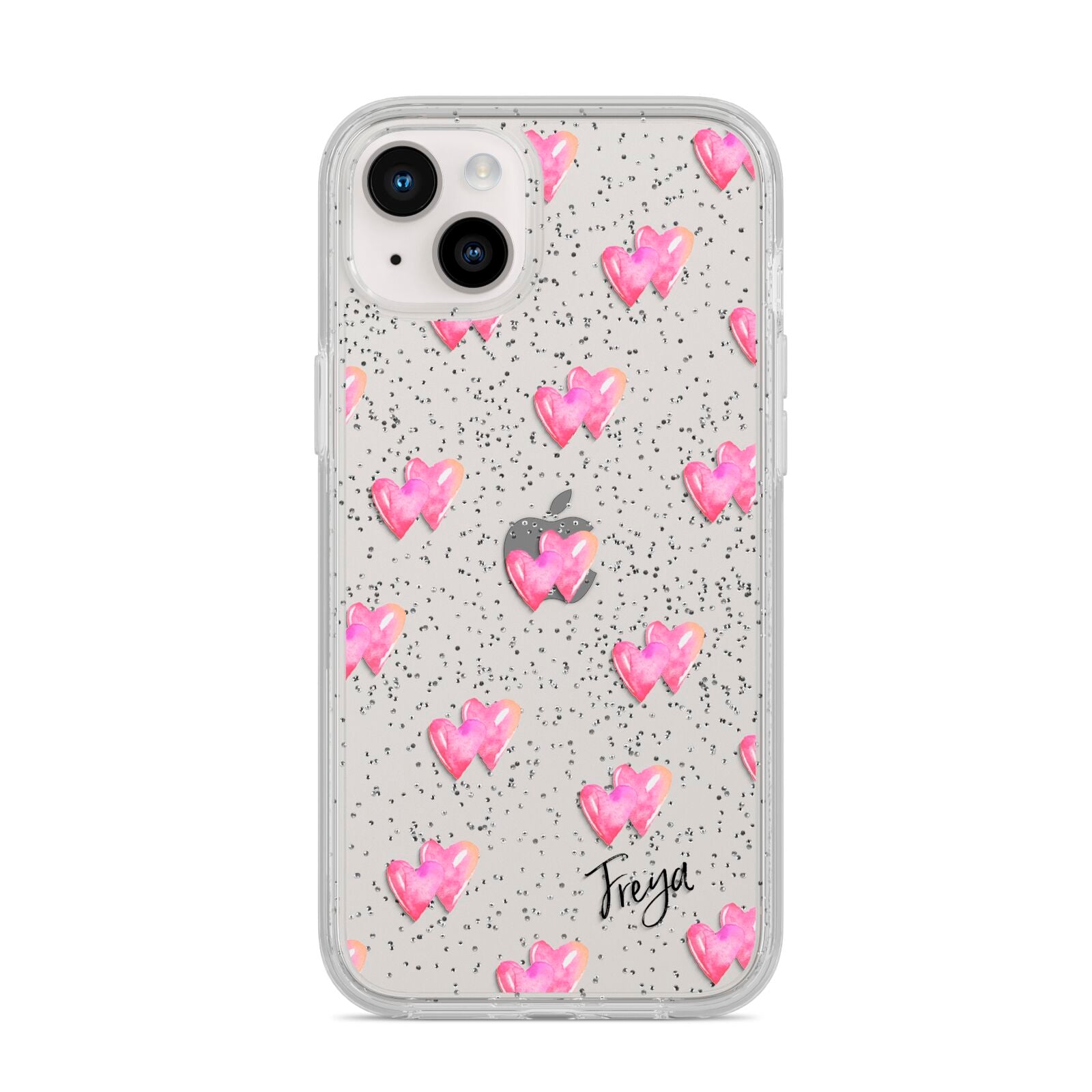 Personalised Pink Hearts iPhone 14 Plus Glitter Tough Case Starlight