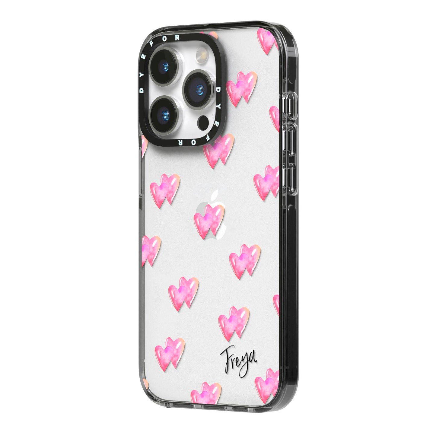 Personalised Pink Hearts iPhone 14 Pro Black Impact Case Side Angle on Silver phone