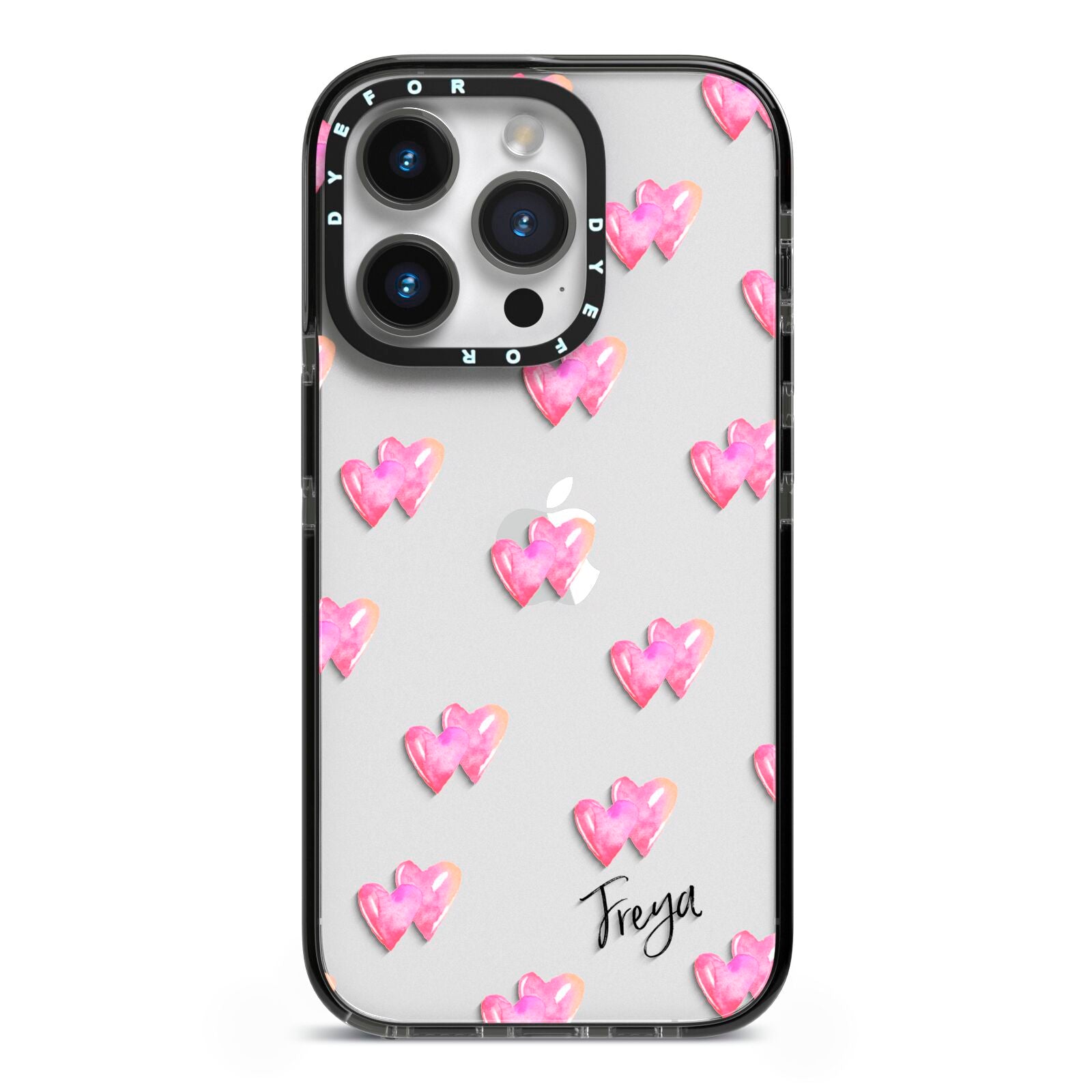 Personalised Pink Hearts iPhone 14 Pro Black Impact Case on Silver phone