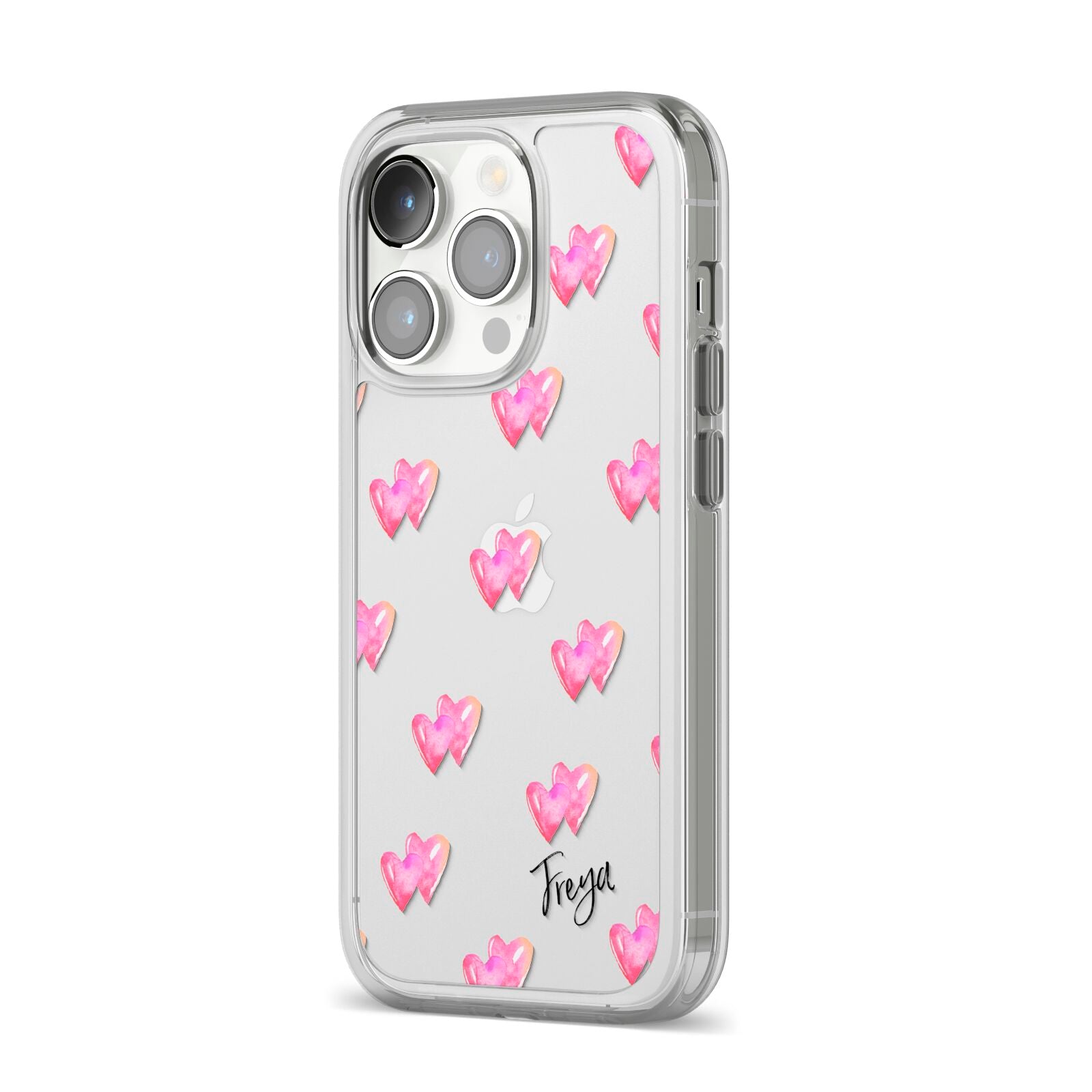 Personalised Pink Hearts iPhone 14 Pro Clear Tough Case Silver Angled Image