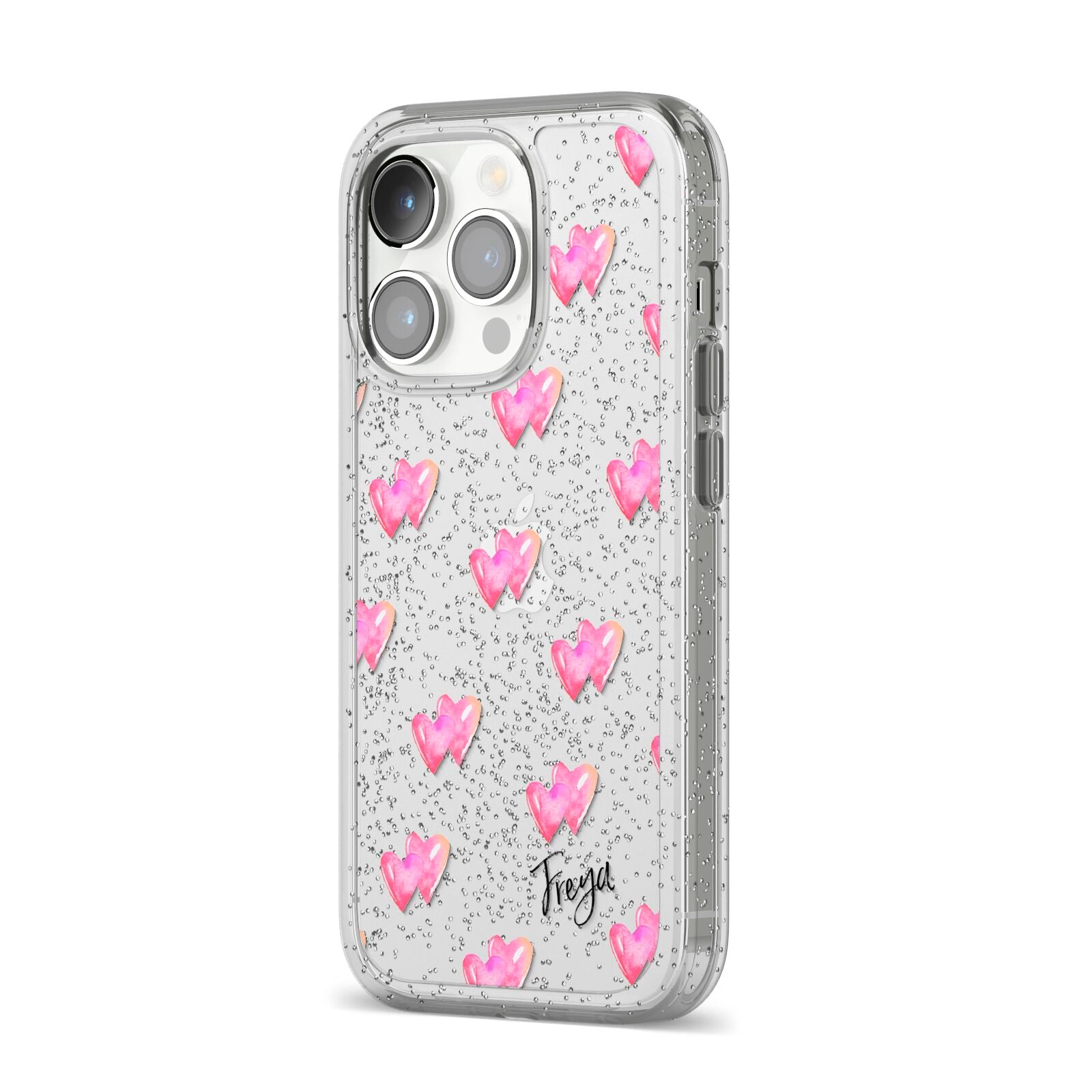 Personalised Pink Hearts iPhone 14 Pro Glitter Tough Case Silver Angled Image