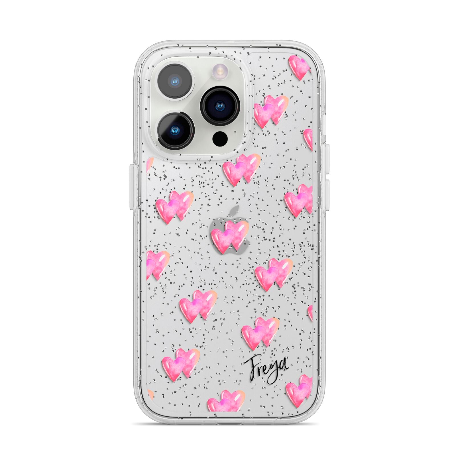 Personalised Pink Hearts iPhone 14 Pro Glitter Tough Case Silver