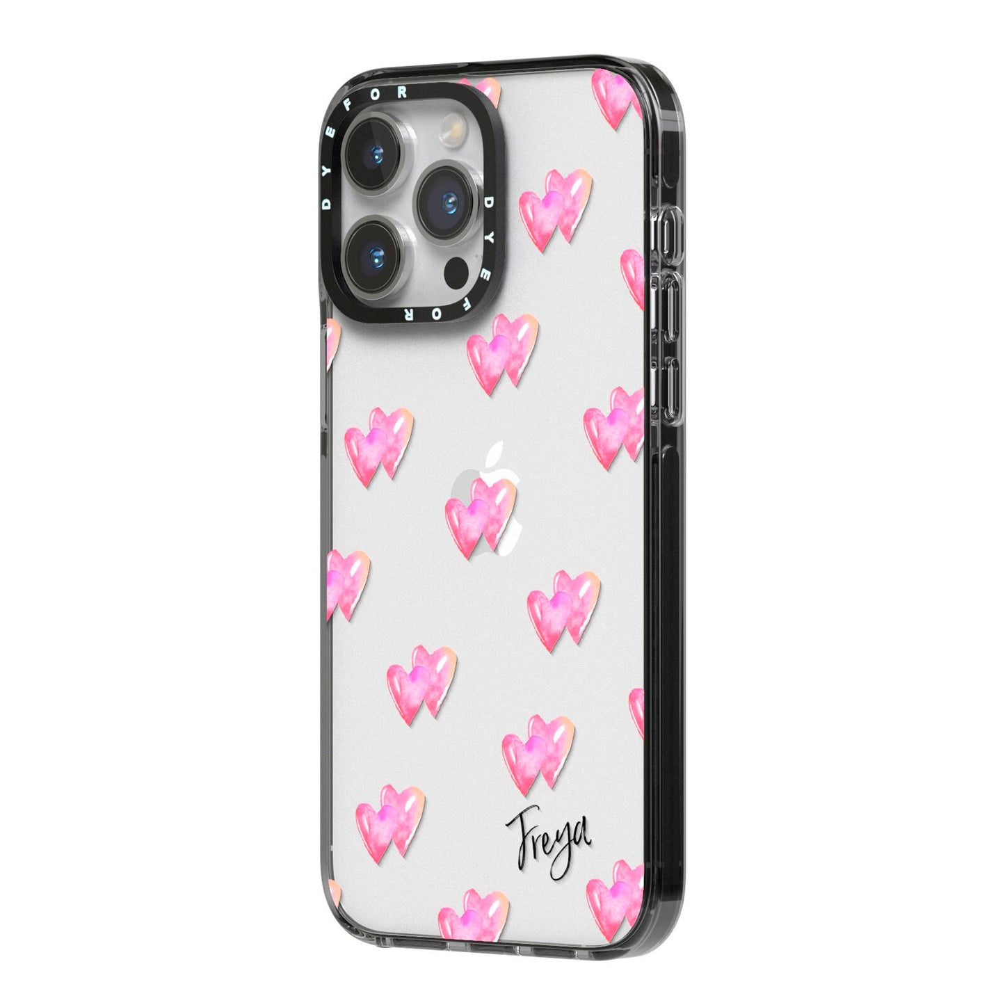 Personalised Pink Hearts iPhone 14 Pro Max Black Impact Case Side Angle on Silver phone