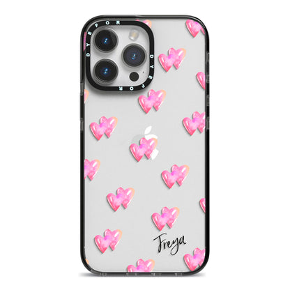 Personalised Pink Hearts iPhone 14 Pro Max Black Impact Case on Silver phone