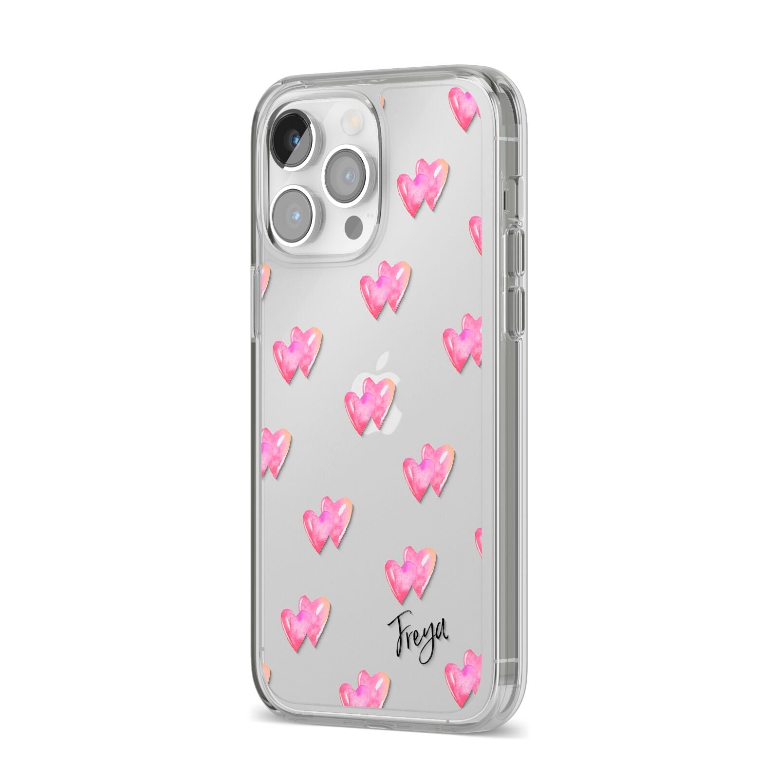 Personalised Pink Hearts iPhone 14 Pro Max Clear Tough Case Silver Angled Image