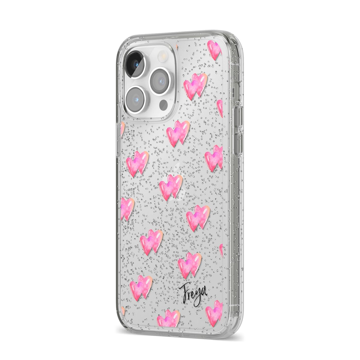 Personalised Pink Hearts iPhone 14 Pro Max Glitter Tough Case Silver Angled Image