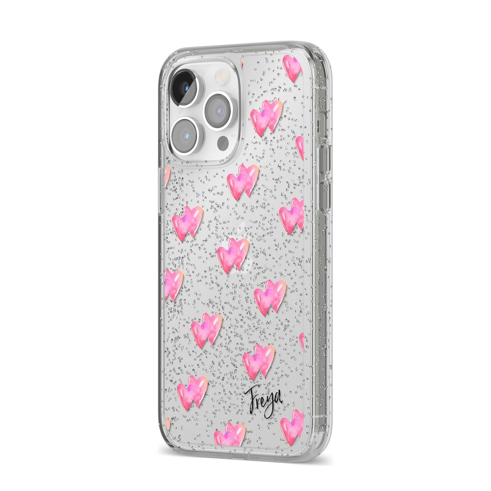 Personalised Pink Hearts iPhone 14 Pro Max Glitter Tough Case Silver Angled Image