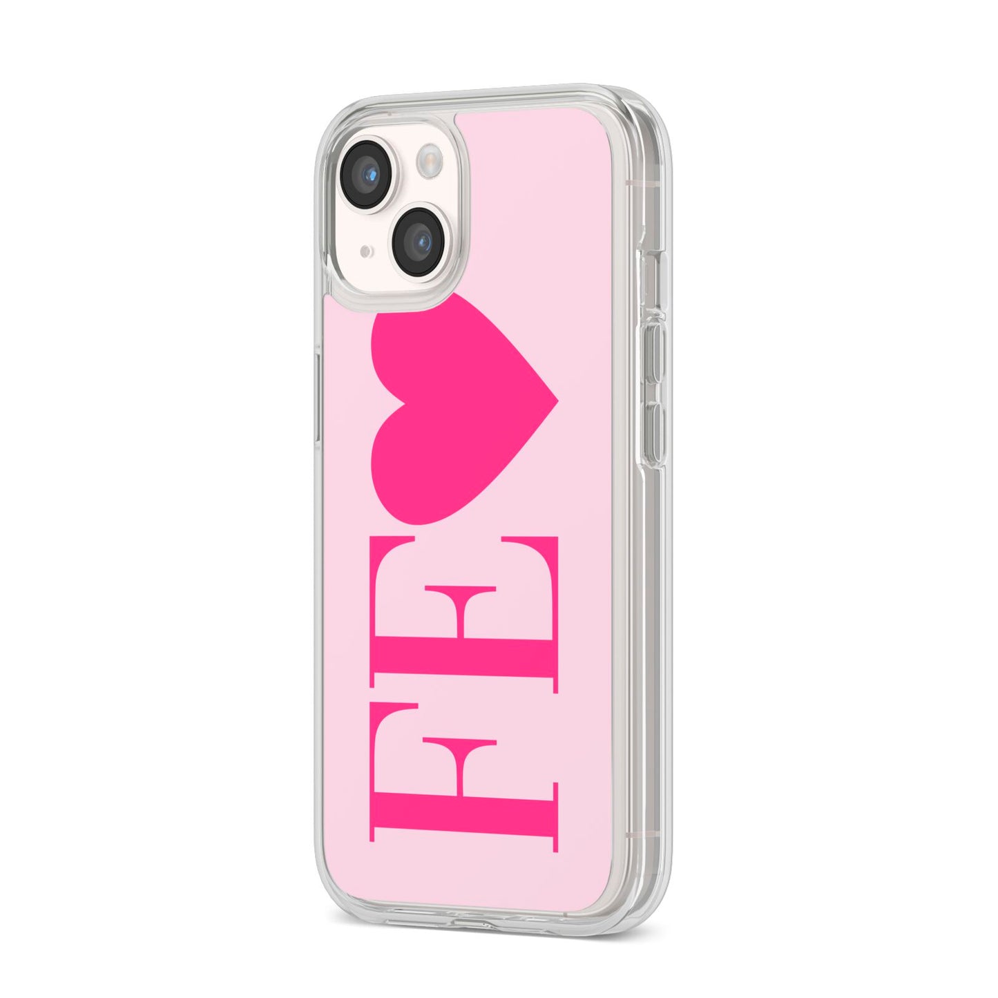 Personalised Pink Initials Heart iPhone 14 Clear Tough Case Starlight Angled Image