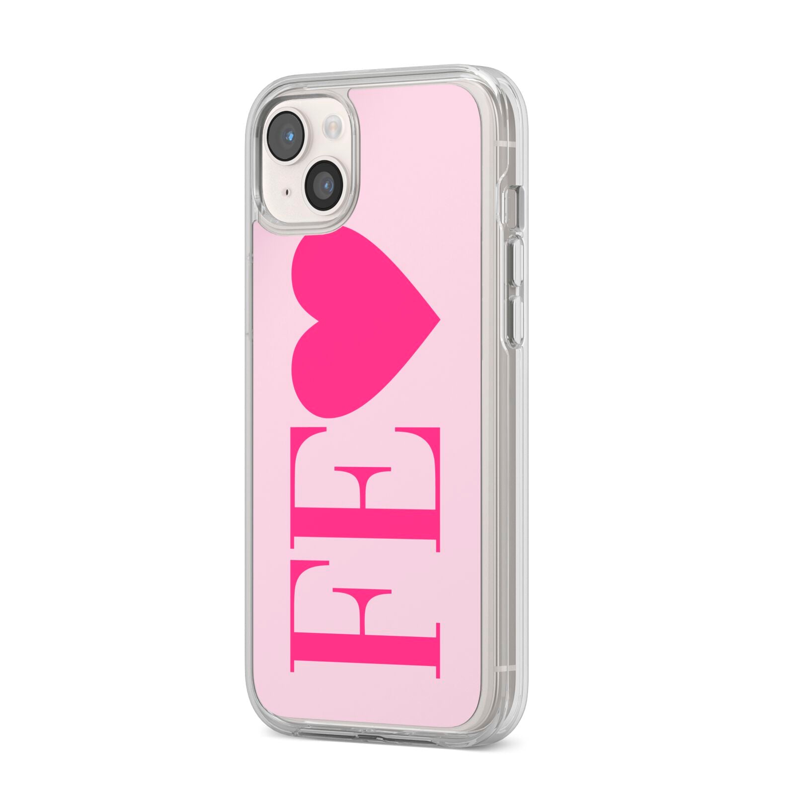 Personalised Pink Initials Heart iPhone 14 Plus Clear Tough Case Starlight Angled Image