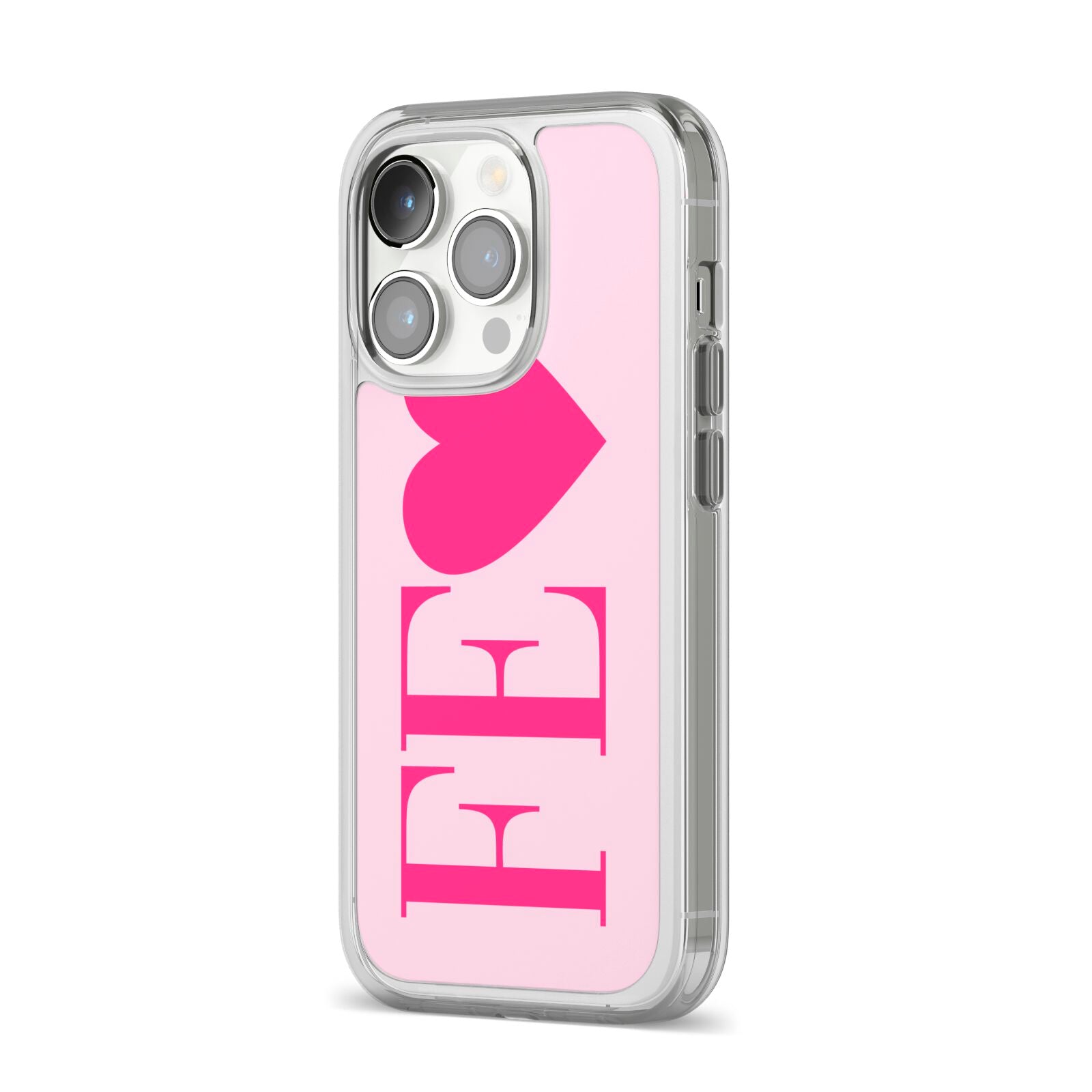 Personalised Pink Initials Heart iPhone 14 Pro Clear Tough Case Silver Angled Image