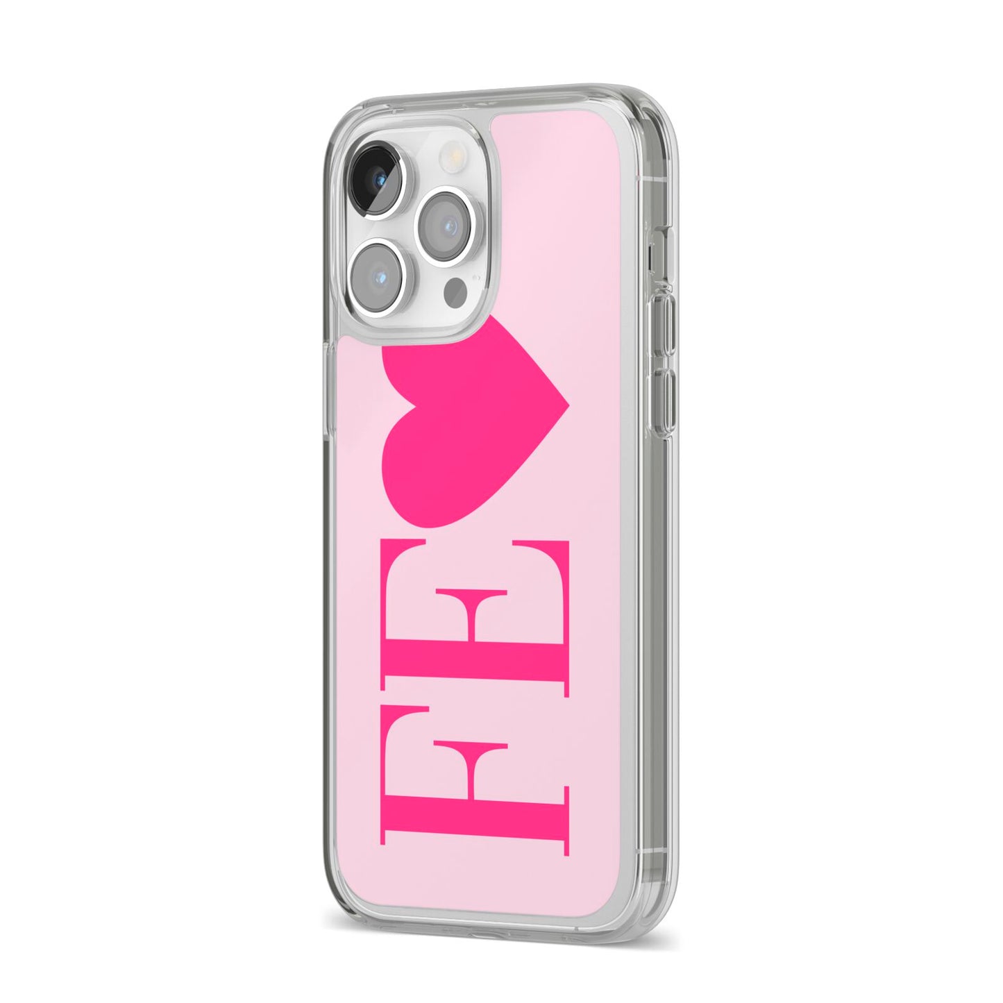 Personalised Pink Initials Heart iPhone 14 Pro Max Clear Tough Case Silver Angled Image