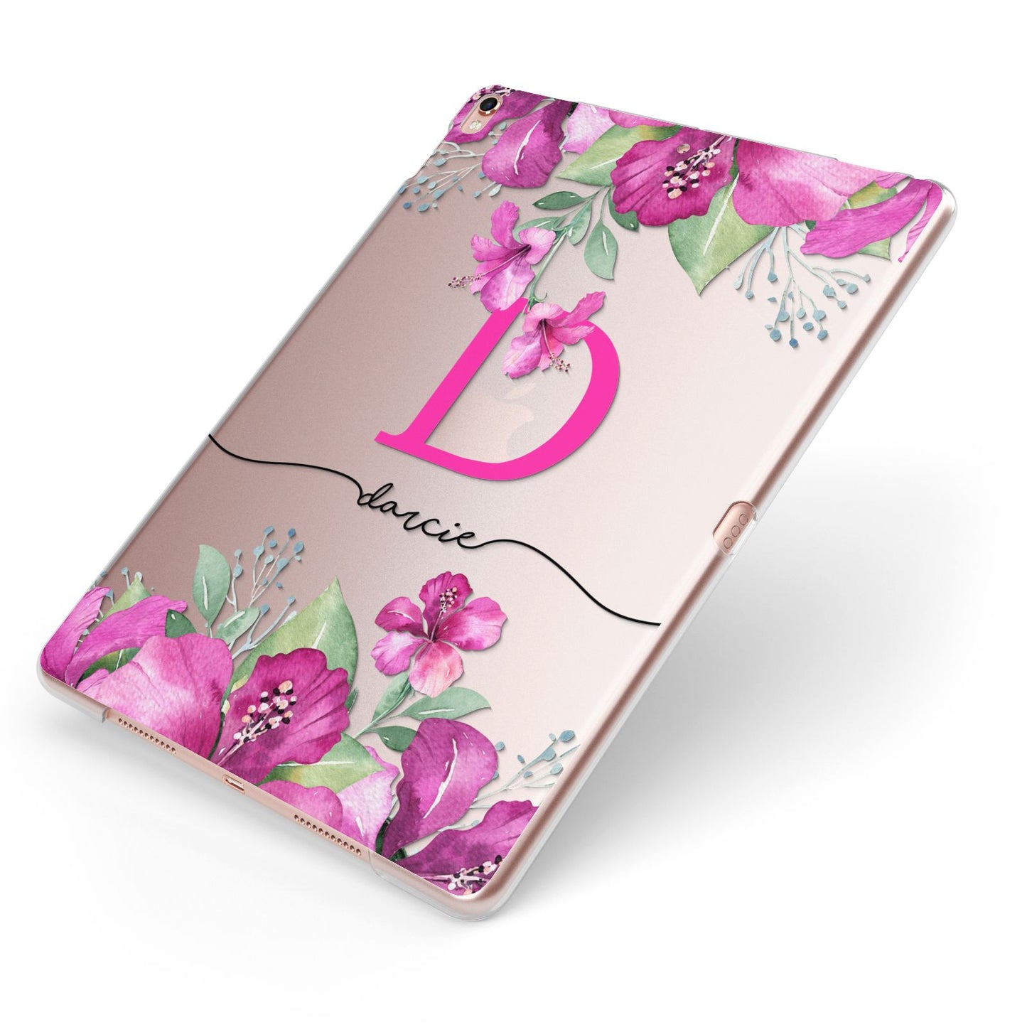 Personalised Pink Lilies Apple iPad Case on Rose Gold iPad Side View