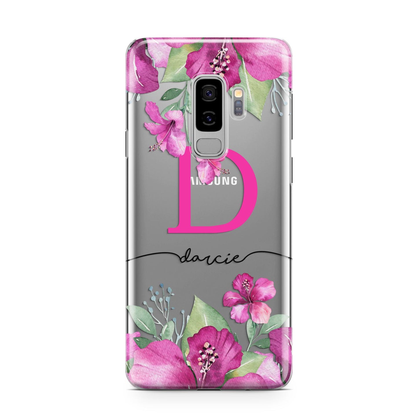 Personalised Pink Lilies Samsung Galaxy S9 Plus Case on Silver phone