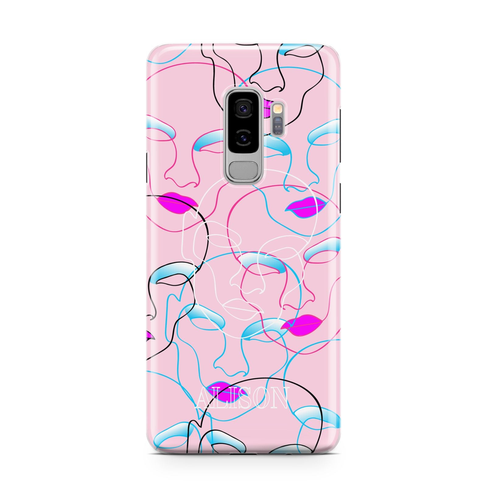 Personalised Pink Line Art Samsung Galaxy S9 Plus Case on Silver phone