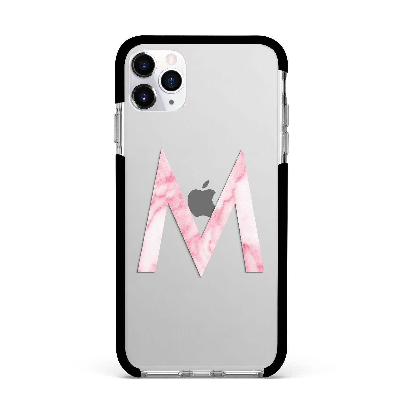 Personalised Pink Marble Initial Clear Custom Apple iPhone 11 Pro Max in Silver with Black Impact Case