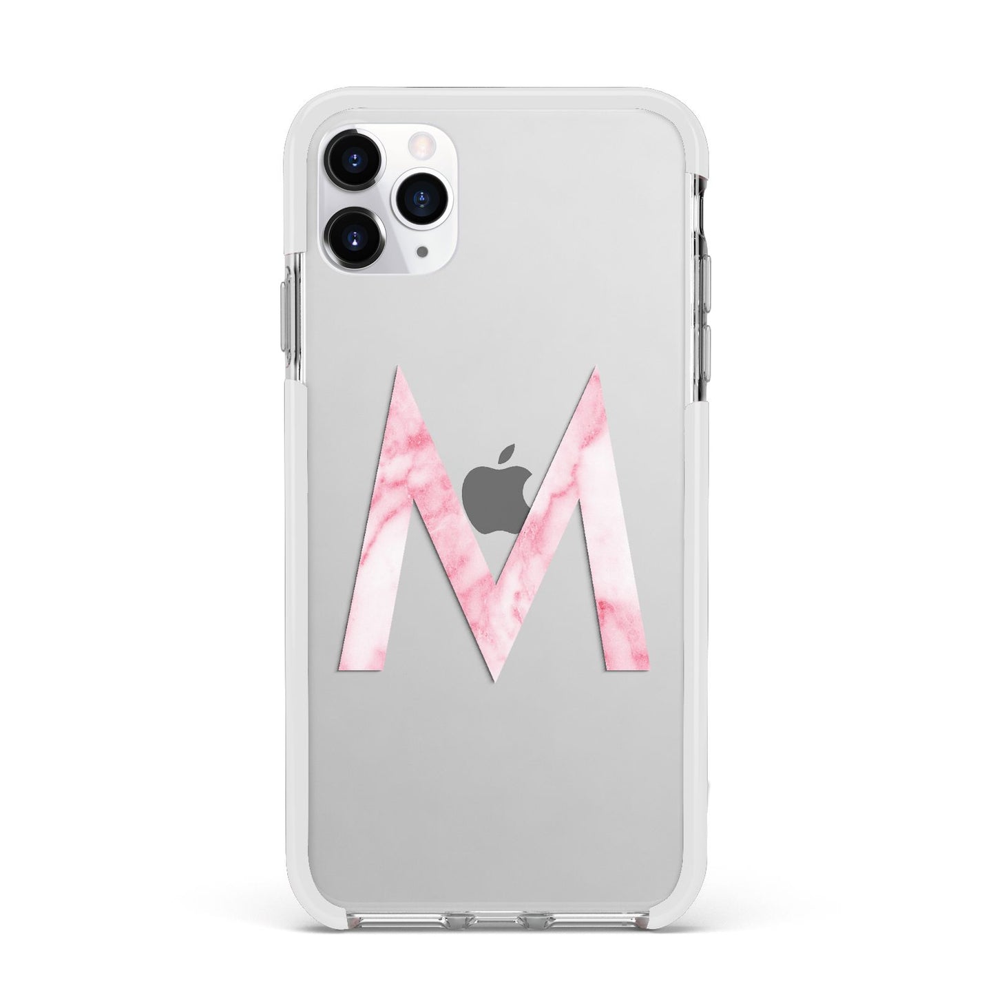 Personalised Pink Marble Initial Clear Custom Apple iPhone 11 Pro Max in Silver with White Impact Case