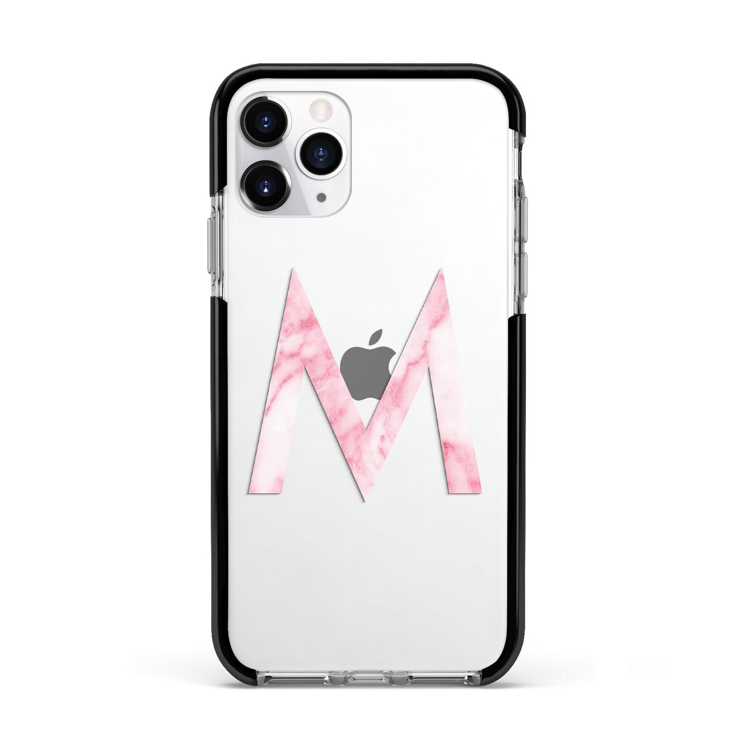 Personalised Pink Marble Initial Clear Custom Apple iPhone 11 Pro in Silver with Black Impact Case