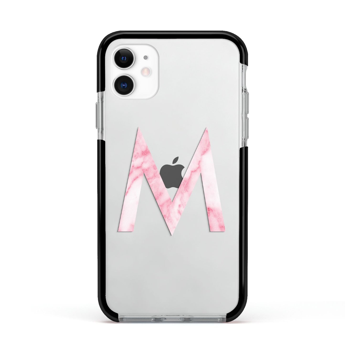 Personalised Pink Marble Initial Clear Custom Apple iPhone 11 in White with Black Impact Case