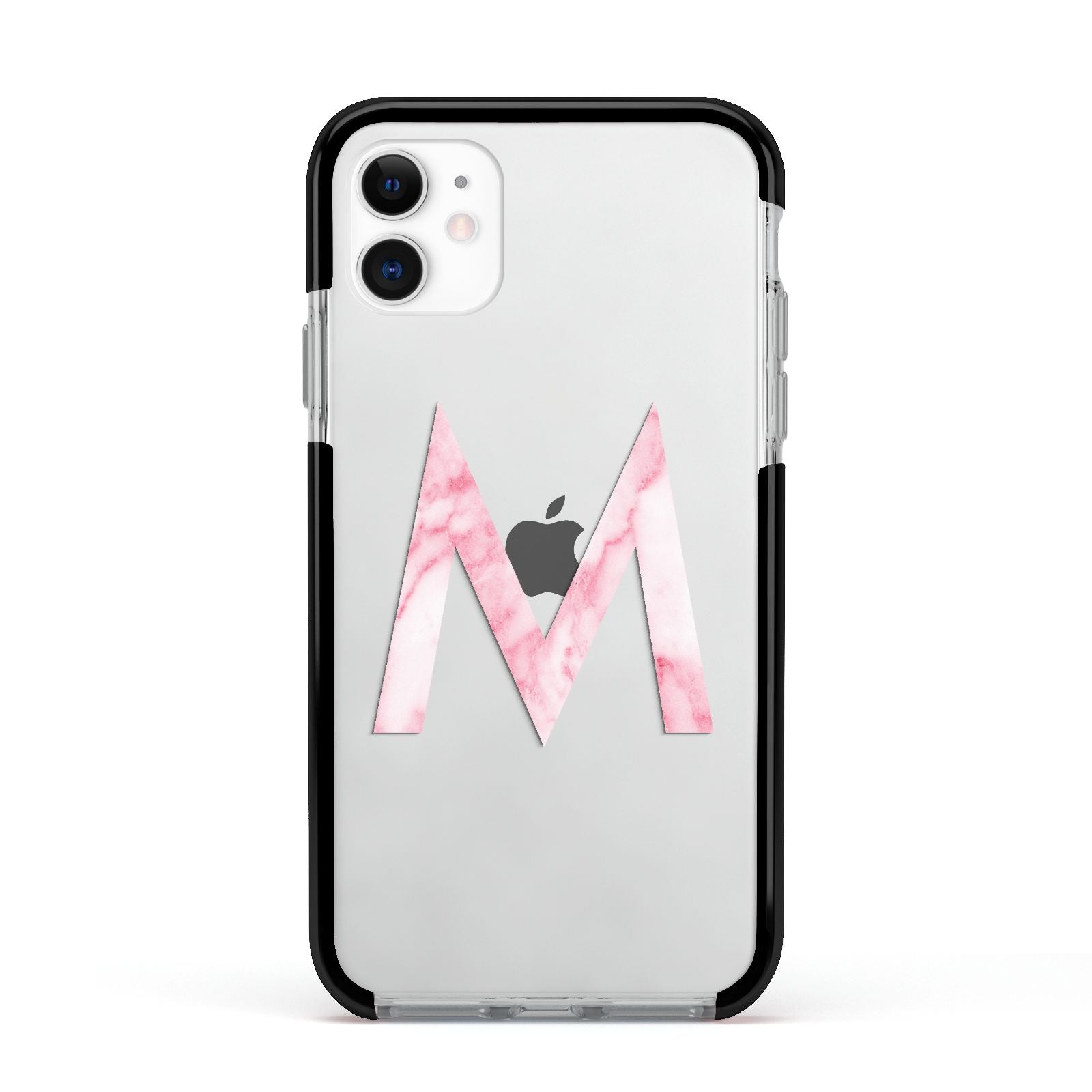 Personalised Pink Marble Initial Clear Custom Apple iPhone 11 in White with Black Impact Case