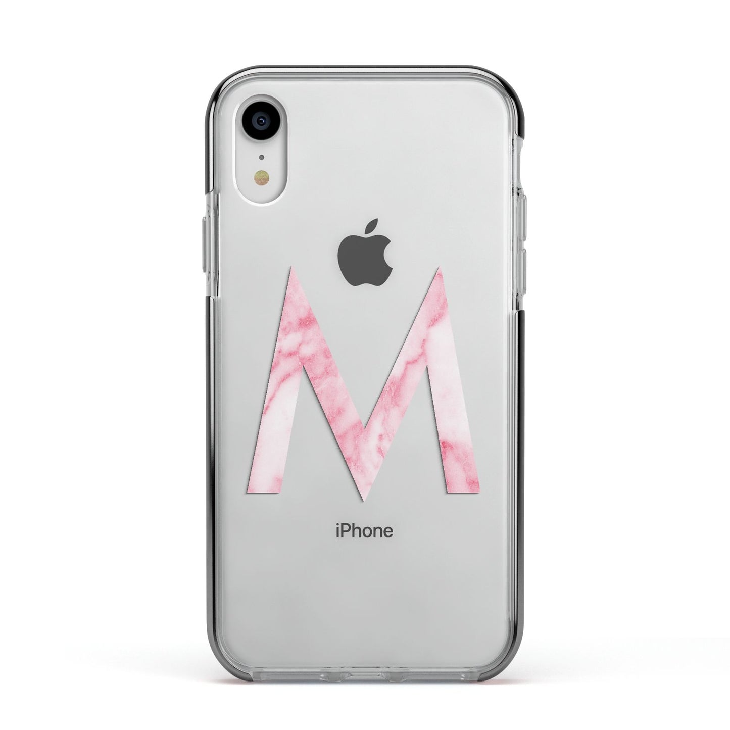 Personalised Pink Marble Initial Clear Custom Apple iPhone XR Impact Case Black Edge on Silver Phone