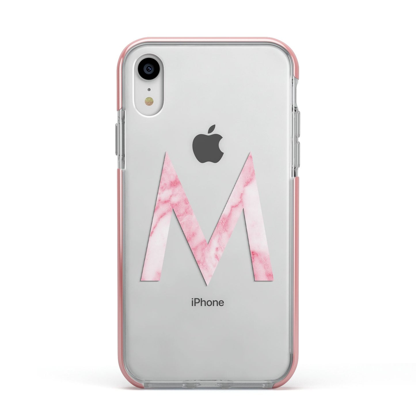 Personalised Pink Marble Initial Clear Custom Apple iPhone XR Impact Case Pink Edge on Silver Phone